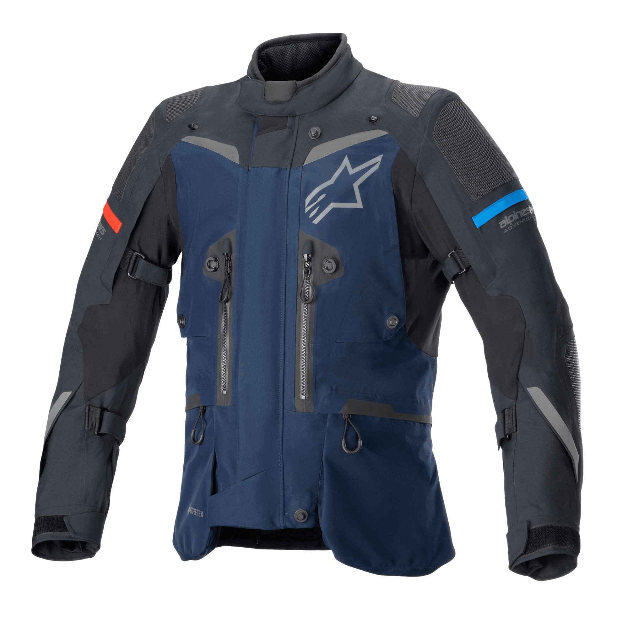 Alpinestars Boulder GORE-TEX jakke, mørkeblå og sort adventure touring-jakke, vandtæt tekstilkonstruktion, hvidt stjernelogo på brystet, røde og lyseblå ærmedetaljer, flere ventilationslynlåse og justeringsstropper, holdbart teknisk udstyr til kørsel i al slags vejr