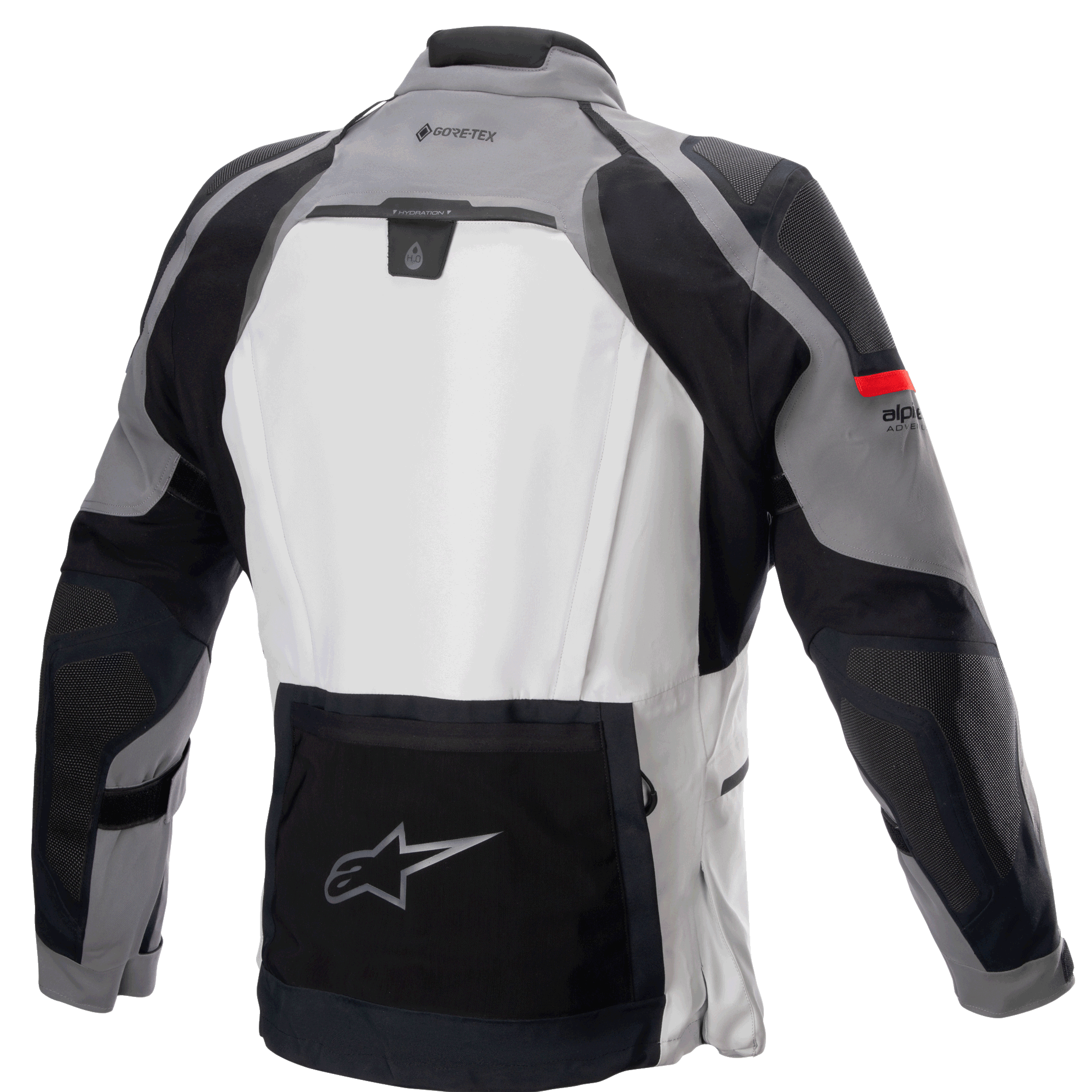Alpinestars Boulder GORE-TEX jakke, set bagfra, mørkegrå og isgrå, teknisk adventure touring motorcykeljakke med stort lysegråt rygpanel, sort nederste utility-lomme med Alpinestars stjerne-logo, GORE-TEX-branding på den øverste del af ryggen og holdbar multi-materiale konstruktion.