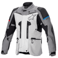 Alpinestars Boulder GORE-TEX-jakke, adventure touring motorcykeljakke, mørkegrå og isgrå, med flere ventilationslynlåse, forstærkede skulder- og albuepaneler med blå og røde detaljer, stort Alpinestars-logo på brystet, højtydende vandtæt teknisk udstyr
