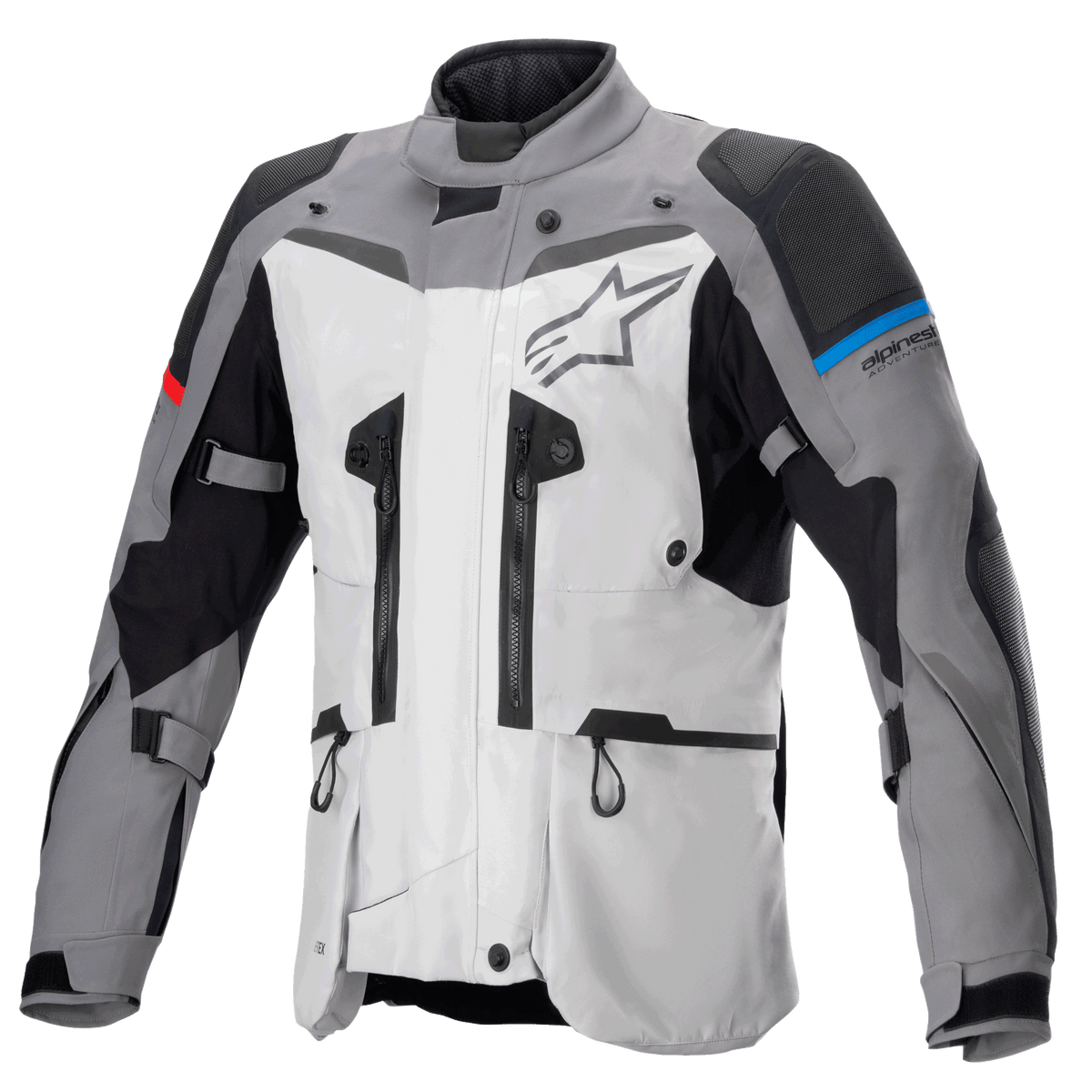 Alpinestars Boulder GORE-TEX-jakke, adventure touring motorcykeljakke, mørkegrå og isgrå, med flere ventilationslynlåse, forstærkede skulder- og albuepaneler med blå og røde detaljer, stort Alpinestars-logo på brystet, højtydende vandtæt teknisk udstyr