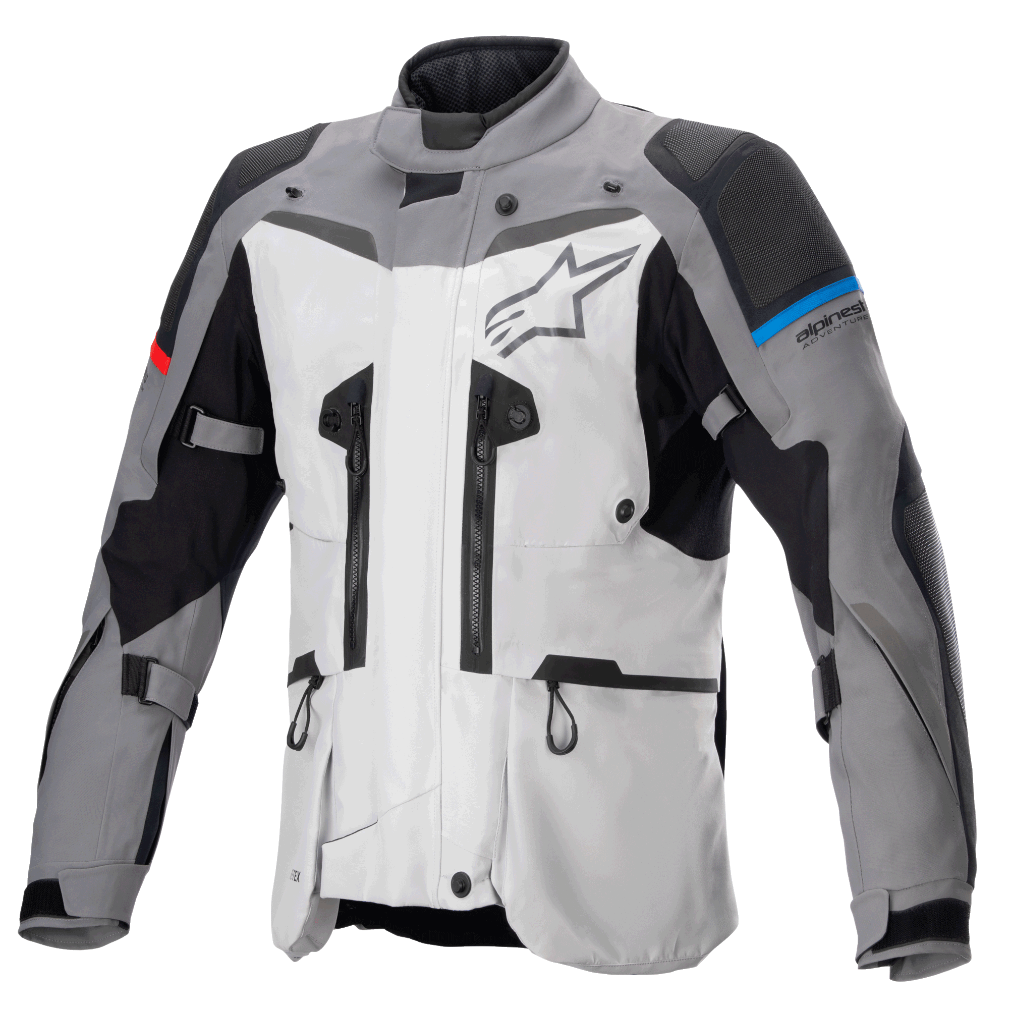Alpinestars Boulder GORE-TEX-jakke, adventure touring motorcykeljakke, mørkegrå og isgrå, med flere ventilationslynlåse, forstærkede skulder- og albuepaneler med blå og røde detaljer, stort Alpinestars-logo på brystet, højtydende vandtæt teknisk udstyr