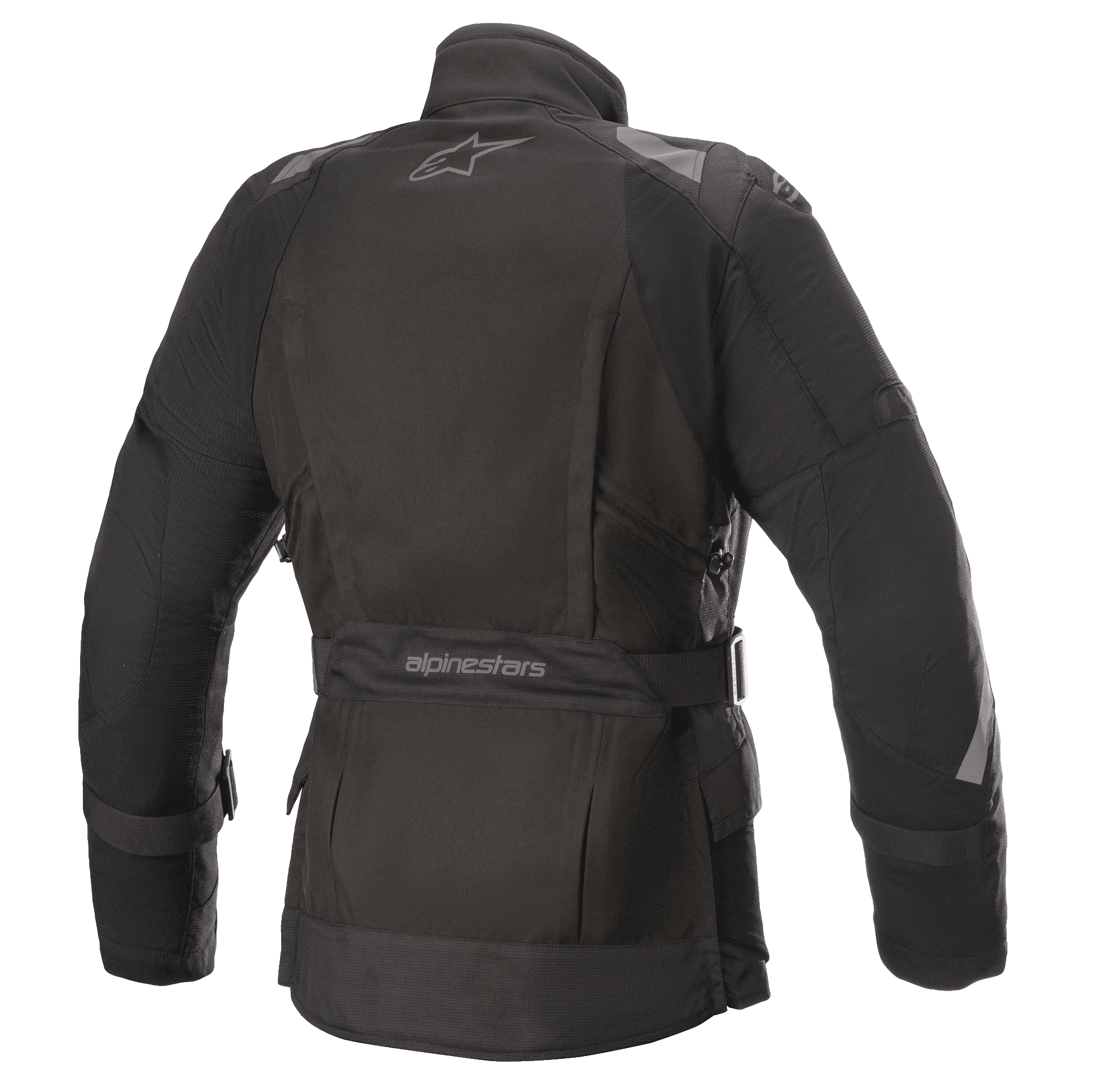 Alpinestars Stella Ketchum GORE-TEX jakke til kvinder, tekstil motorcykeljakke, sort, set bagfra med Alpinestars-logo, justerbar taljerem med branding og reflekterende skulder- og ærmepaneler for bedre synlighed for køreren.