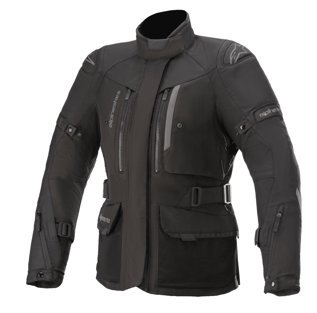 Alpinestars Stella Ketchum GORE-TEX-jakke til damer, sort touring-motorcykeljakke, vandtæt og åndbar tekstilkonstruktion, høj krave med brystventilation med lynlås, justerbare stropper i taljen og på ærmerne, slidstærkt materiale med forstærket skulderbeskyttelse
