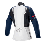 Alpinestars Stella ST-7 2L GORE-TEX damejakke, set bagfra, Ice Gray, mørkeblå og sort, med rød stribe på ærmet og Alpinestars-logo, adventure touring-motorcykeludstyr