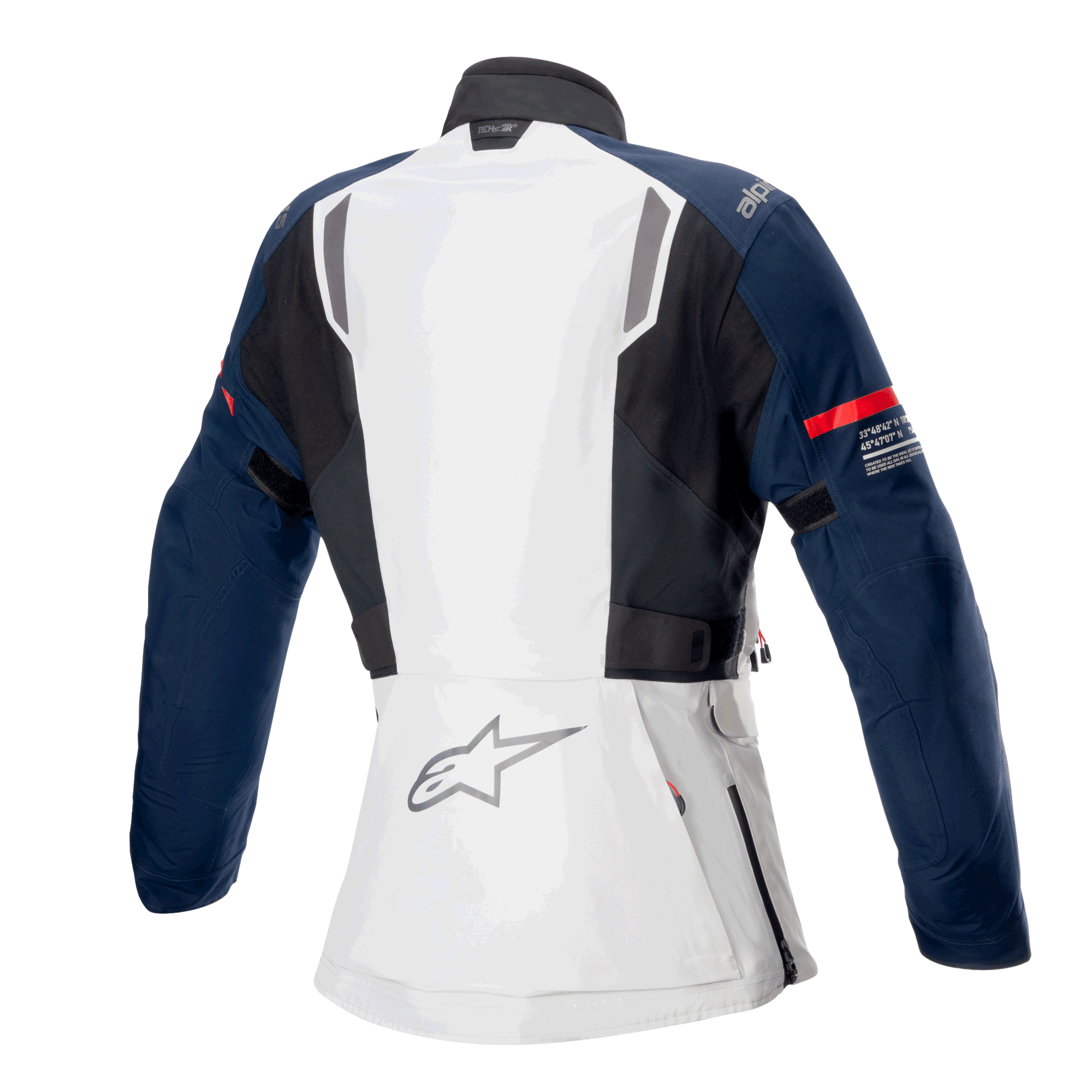 Alpinestars Stella ST-7 2L GORE-TEX damejakke, set bagfra, Ice Gray, mørkeblå og sort, med rød stribe på ærmet og Alpinestars-logo, adventure touring-motorcykeludstyr