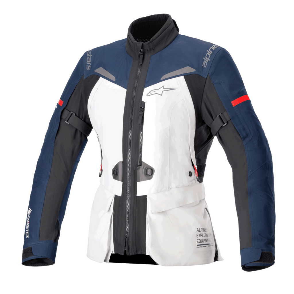 Alpinestars Women Stella ST-7 2L GORE-TEX jakke, motorcykel touringjakke, isgrå, mørkeblå og sort med røde accenter, med cargolommer foran, justerbare stropper på armene, høj krave og lamineret vandtæt konstruktion til adventure touring