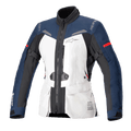 Alpinestars Women Stella ST-7 2L GORE-TEX jakke, motorcykel touringjakke, isgrå, mørkeblå og sort med røde accenter, med cargolommer foran, justerbare stropper på armene, høj krave og lamineret vandtæt konstruktion til adventure touring