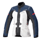 Alpinestars Women Stella ST-7 2L GORE-TEX jakke, motorcykel touringjakke, isgrå, mørkeblå og sort med røde accenter, med cargolommer foran, justerbare stropper på armene, høj krave og lamineret vandtæt konstruktion til adventure touring