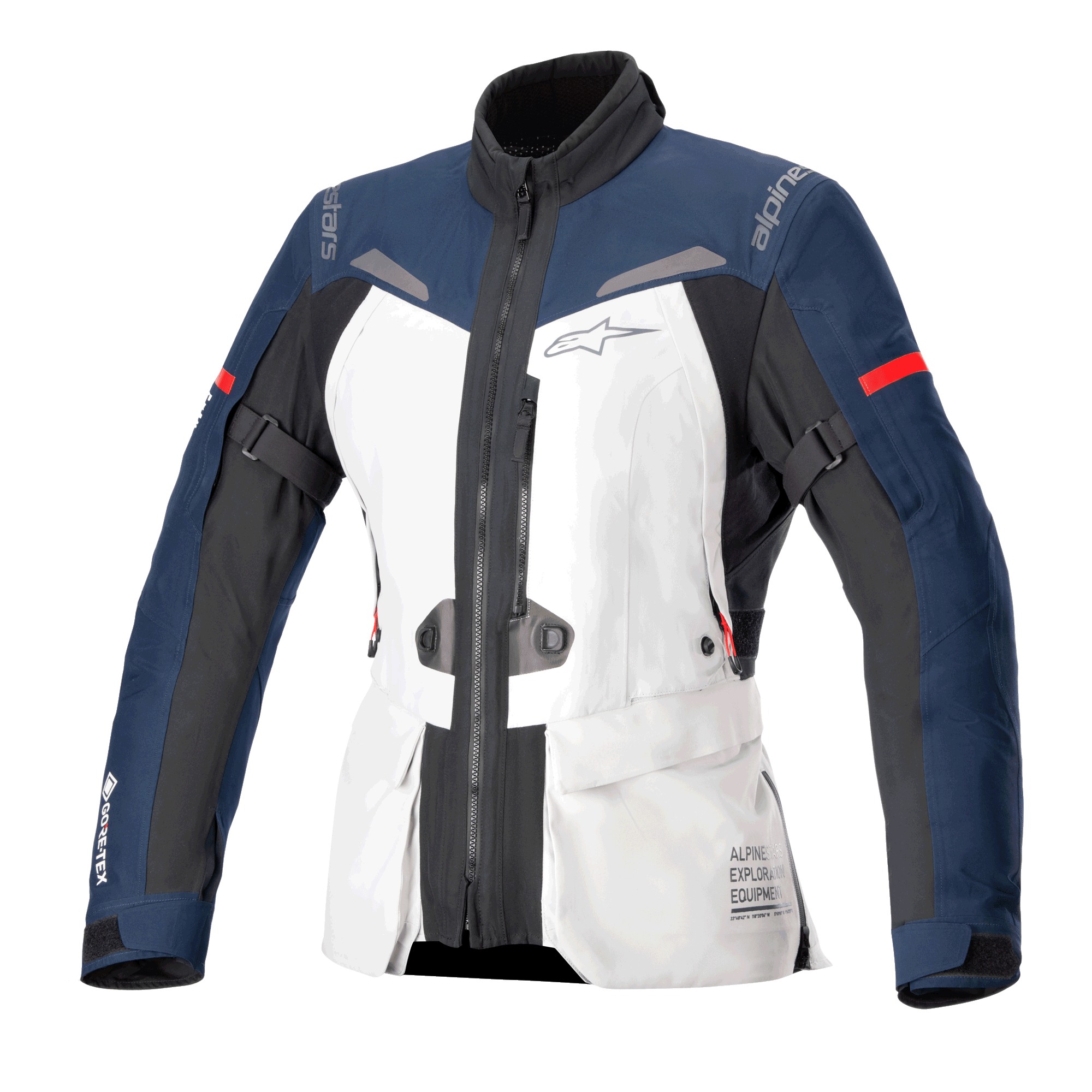 Alpinestars Women Stella ST-7 2L GORE-TEX jakke, motorcykel touringjakke, isgrå, mørkeblå og sort med røde accenter, med cargolommer foran, justerbare stropper på armene, høj krave og lamineret vandtæt konstruktion til adventure touring