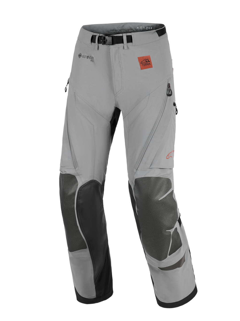 Alpinestars Nazca 3L GORE-TEX PRO bukser, adventure-motorcykelbukser, mørkegrå og sort, med forstærkede knæpaneler, GORE-TEX PRO-branding og All Terra-logo, teknisk design til off-road og touring