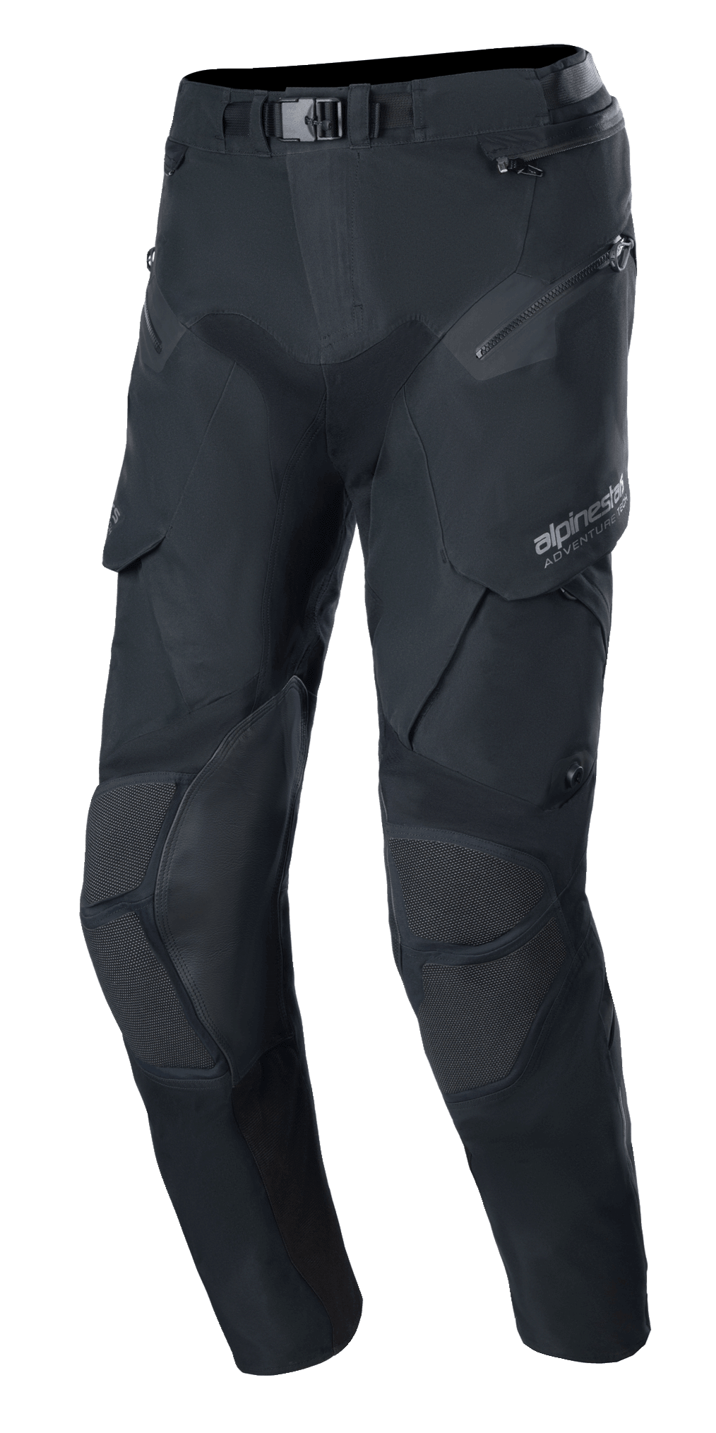 Alpinestars Boulder 3L GORE-TEX bukser, adventure motorcykelbukser, sort, teknisk tekstildesign med magnetisk spændelukning i taljen, forstærkede knæpaneler med teksturerede indlæg, flere lynlås- og cargolommer, forbuet ergonomisk pasform