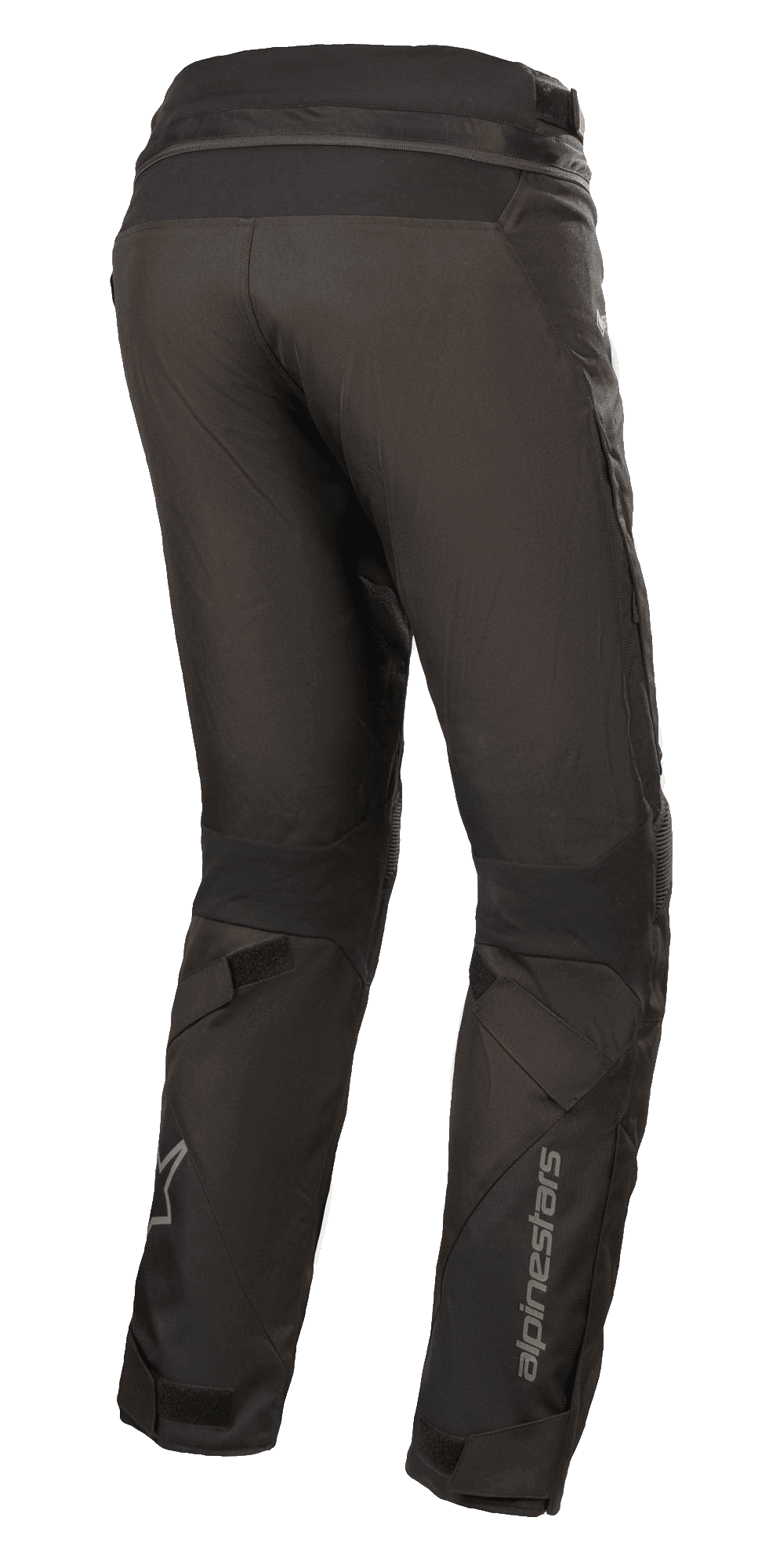 Alpinestars Stella Road Pro GORE-TEX bukser til damer, sorte, trekvartvisning bagfra, tekniske tekstil-motorcykelbukser med reflekterende Alpinestars-branding på underbenet, tilspidset pasform, velcro-justering ved benene, lynlås i taljen til sammenkobling, til adventure touring