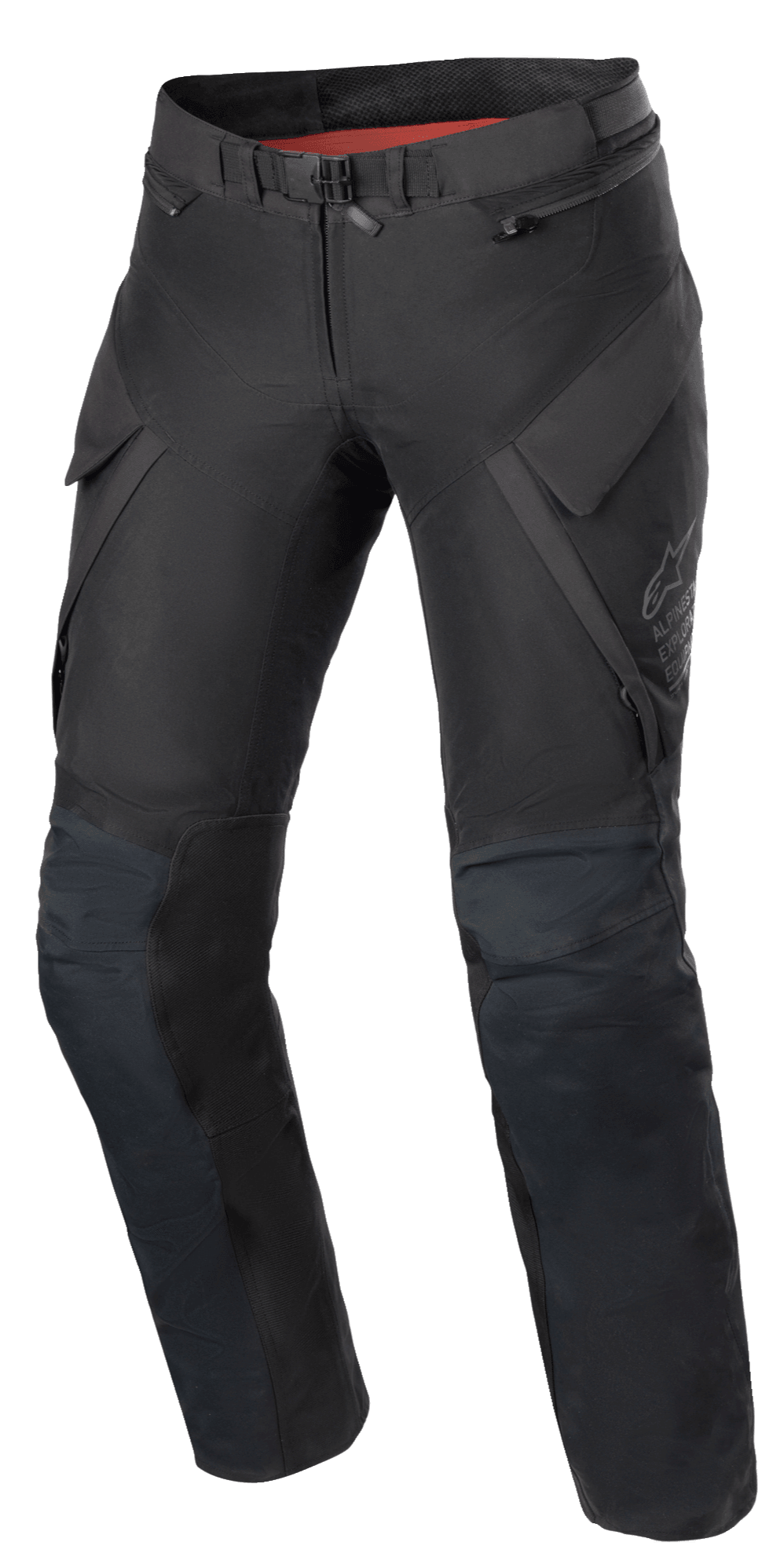 Alpinestars Stella ST-7 2L GORE-TEX bukser til damer, adventure touring motorcykelbukser, sort og mørkegrå, set forfra med cargolommer, magnetisk taljespænde, artikulerede knæ med beskyttelsespositionering og diskret Alpinestars-branding på låret.