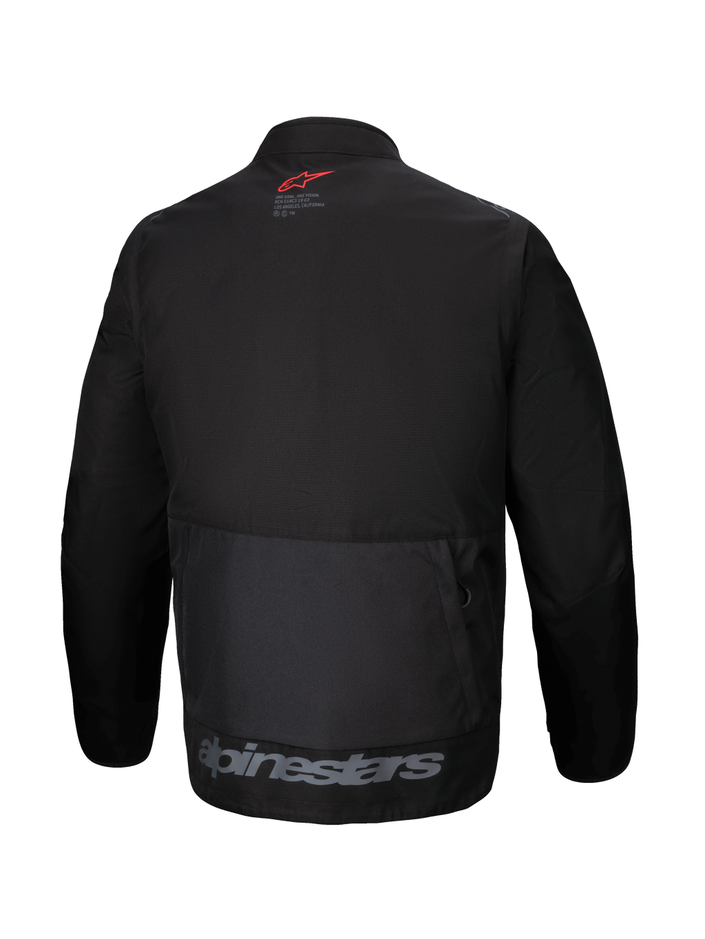 Alpinestars Pro-Dura jakke, set bagfra, sort tekstil endurojakke, stor baglomme, rødt stjernelogo i nakken, gråt Alpinestars-logo på nederste kant, robust off-road design