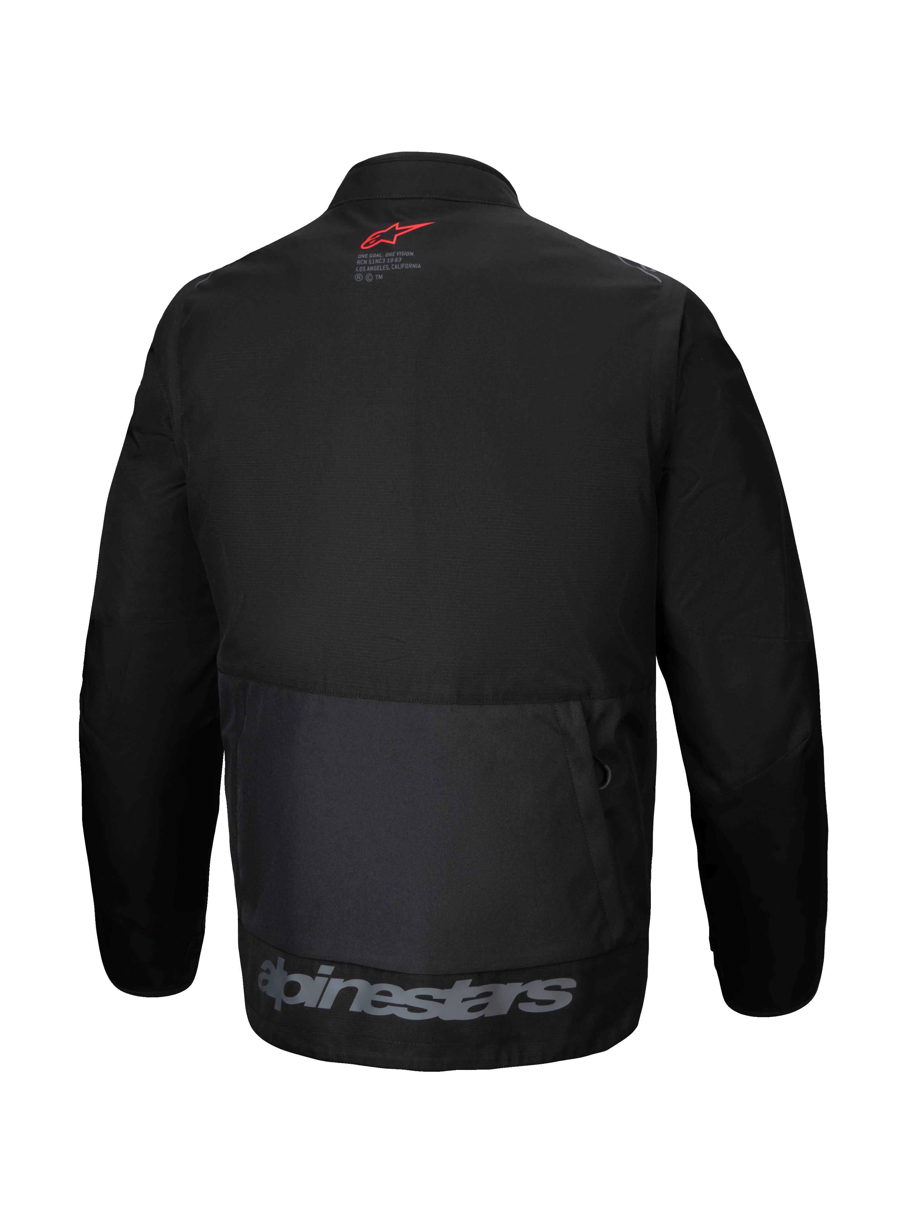 Alpinestars Pro-Dura jakke, set bagfra, sort tekstil endurojakke, stor baglomme, rødt stjernelogo i nakken, gråt Alpinestars-logo på nederste kant, robust off-road design