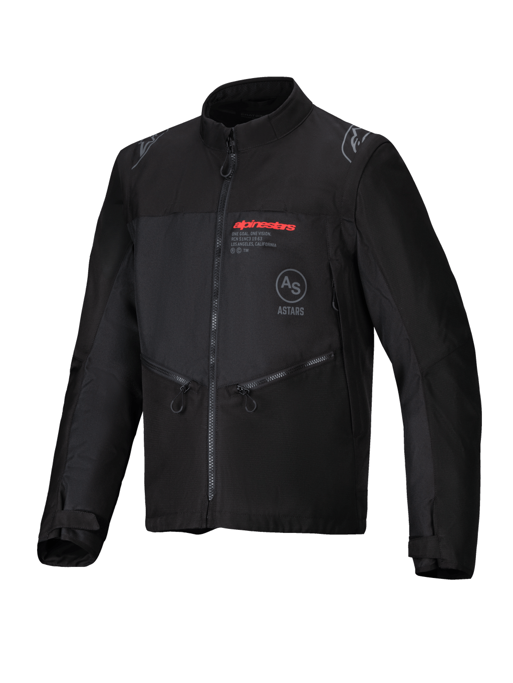 Alpinestars Pro-Dura jakke, sort, off-road motorcykeljakke i slidstærkt ripstop-tekstil, rødt Alpinestars-logo på brystet, skrå lynlåslommer, stjernelogo-detaljer på skuldrene