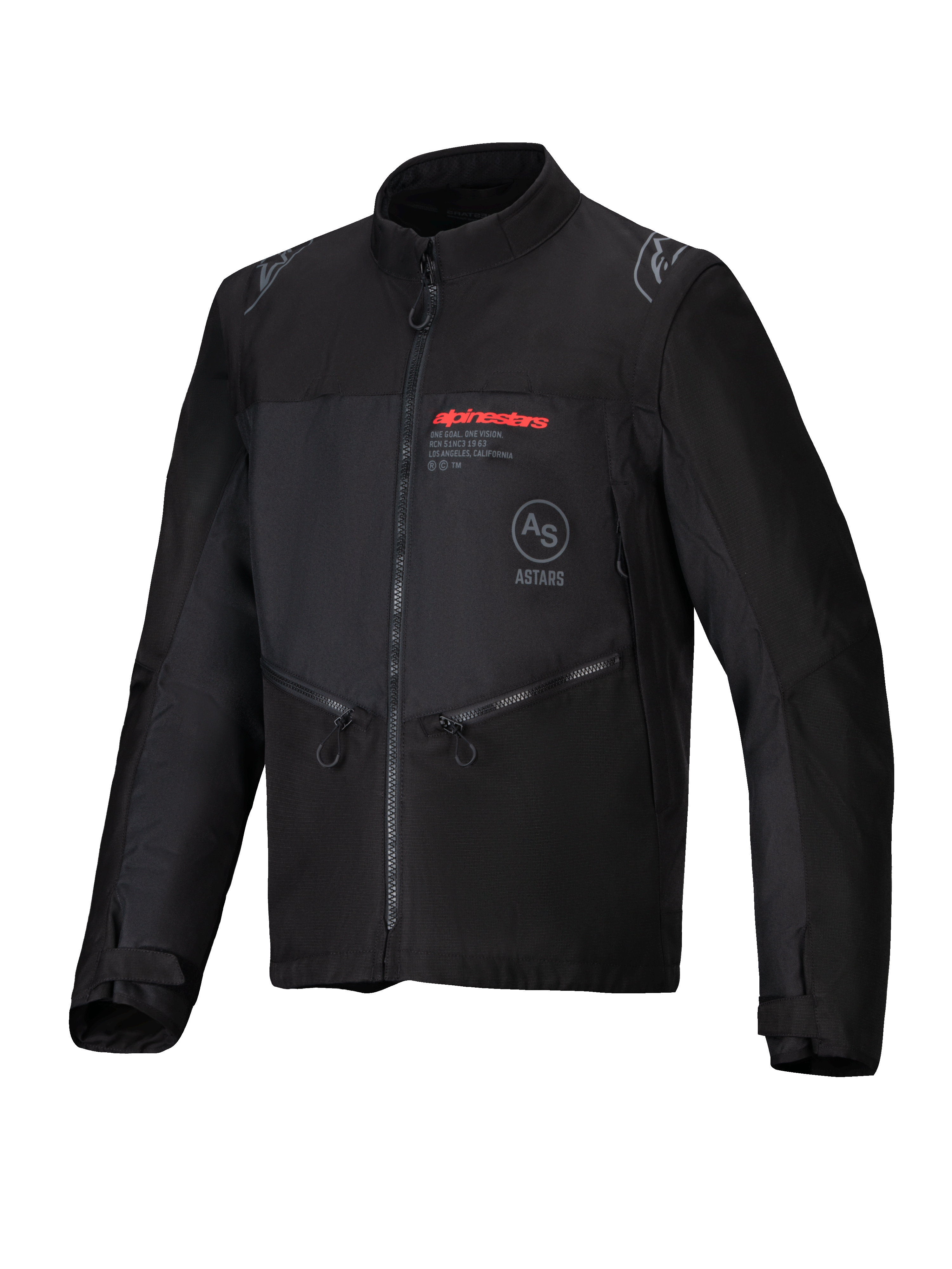 Alpinestars Pro-Dura jakke, sort, off-road motorcykeljakke i slidstærkt ripstop-tekstil, rødt Alpinestars-logo på brystet, skrå lynlåslommer, stjernelogo-detaljer på skuldrene