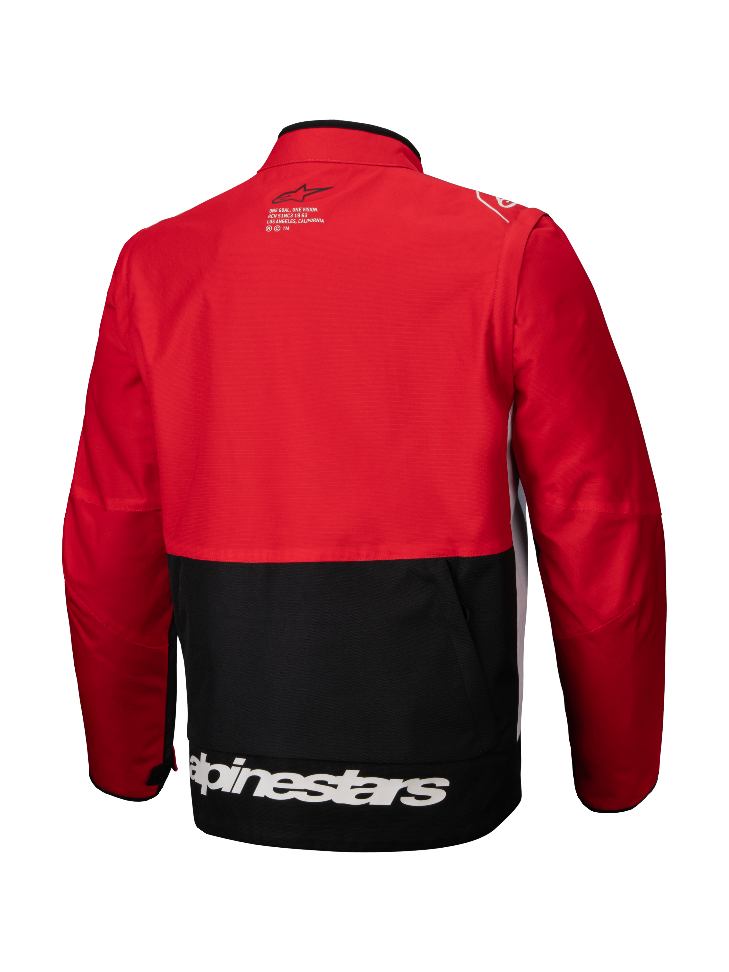 Alpinestars Pro-Dura jakke, off-road enduro-jakke, sort, klar rød og hvid, set bagfra, rød overdel og ærmer med sort underpanel, hvidt Alpinestars-logo på nederste kant, slidstærk ripstop-tekstilkonstruktion til aggressiv terrænkørsel