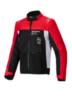 Alpinestars Pro-Dura jakke, off-road motorcykeljakke, sort, klar rød og hvid, med høj krave, lynlås foran og ripstop-tekstilkonstruktion med røde ærmer, hvide sidepaneler og Alpinestars-branding på brystet.