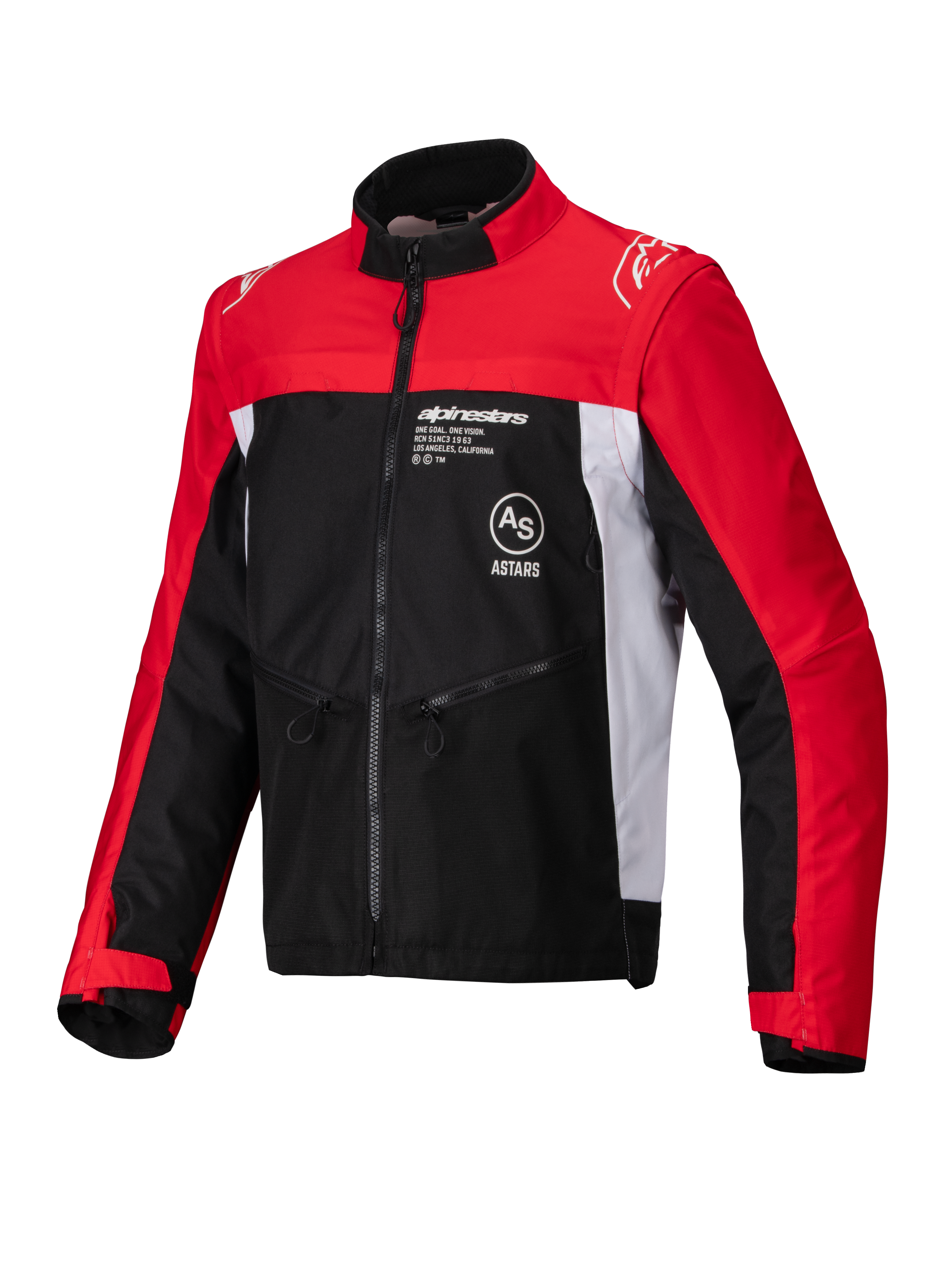 Alpinestars Pro-Dura jakke, off-road motorcykeljakke, sort, klar rød og hvid, med høj krave, lynlås foran og ripstop-tekstilkonstruktion med røde ærmer, hvide sidepaneler og Alpinestars-branding på brystet.