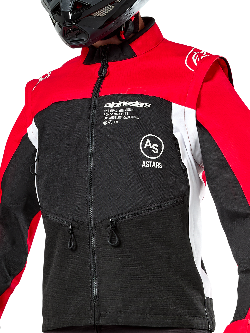 Alpinestars Pro-Dura jakke, off-road motorcykeljakke, sort, klar rød og hvid, båret med sort hjelm, med lynlåslommer og tydelig branding på brystet, slidstærk tekstilkonstruktion til enduro- og trailkørsel