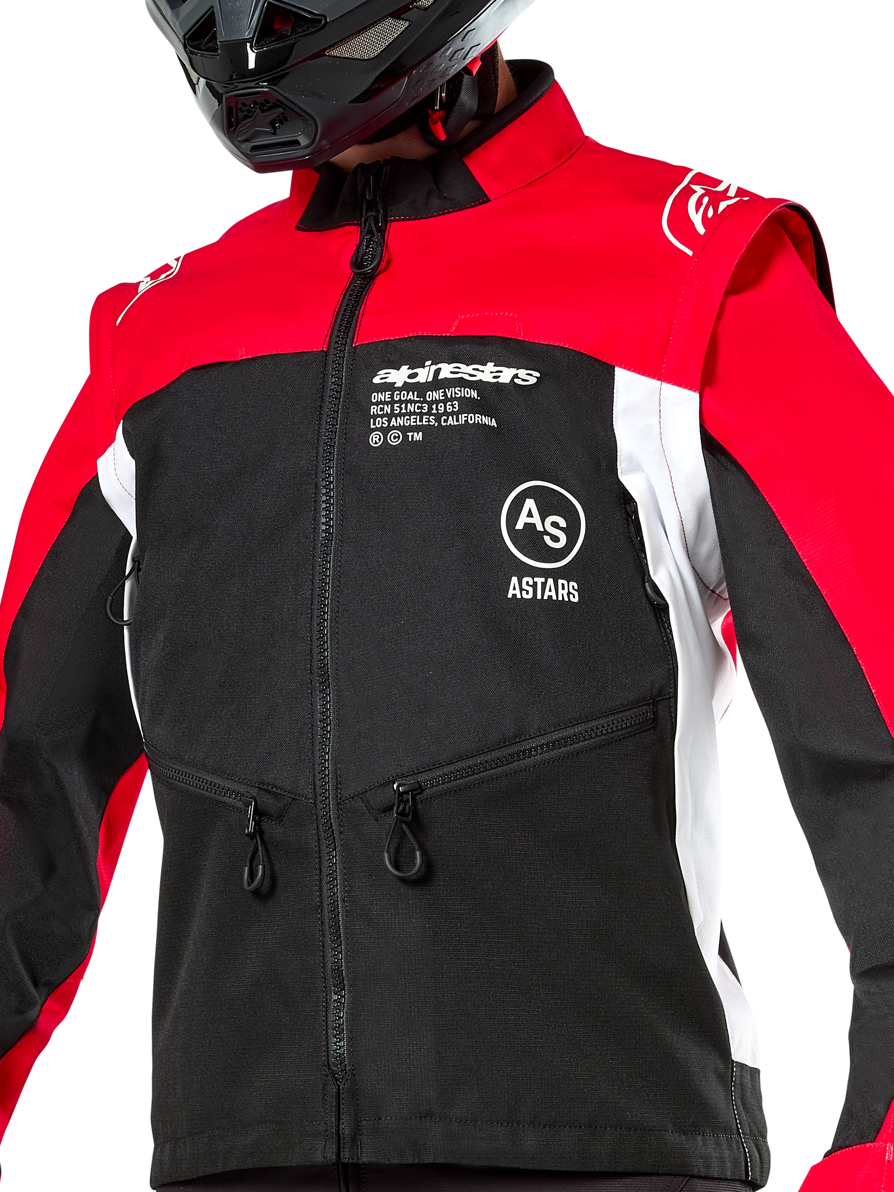Alpinestars Pro-Dura jakke, off-road motorcykeljakke, sort, klar rød og hvid, båret med sort hjelm, med lynlåslommer og tydelig branding på brystet, slidstærk tekstilkonstruktion til enduro- og trailkørsel