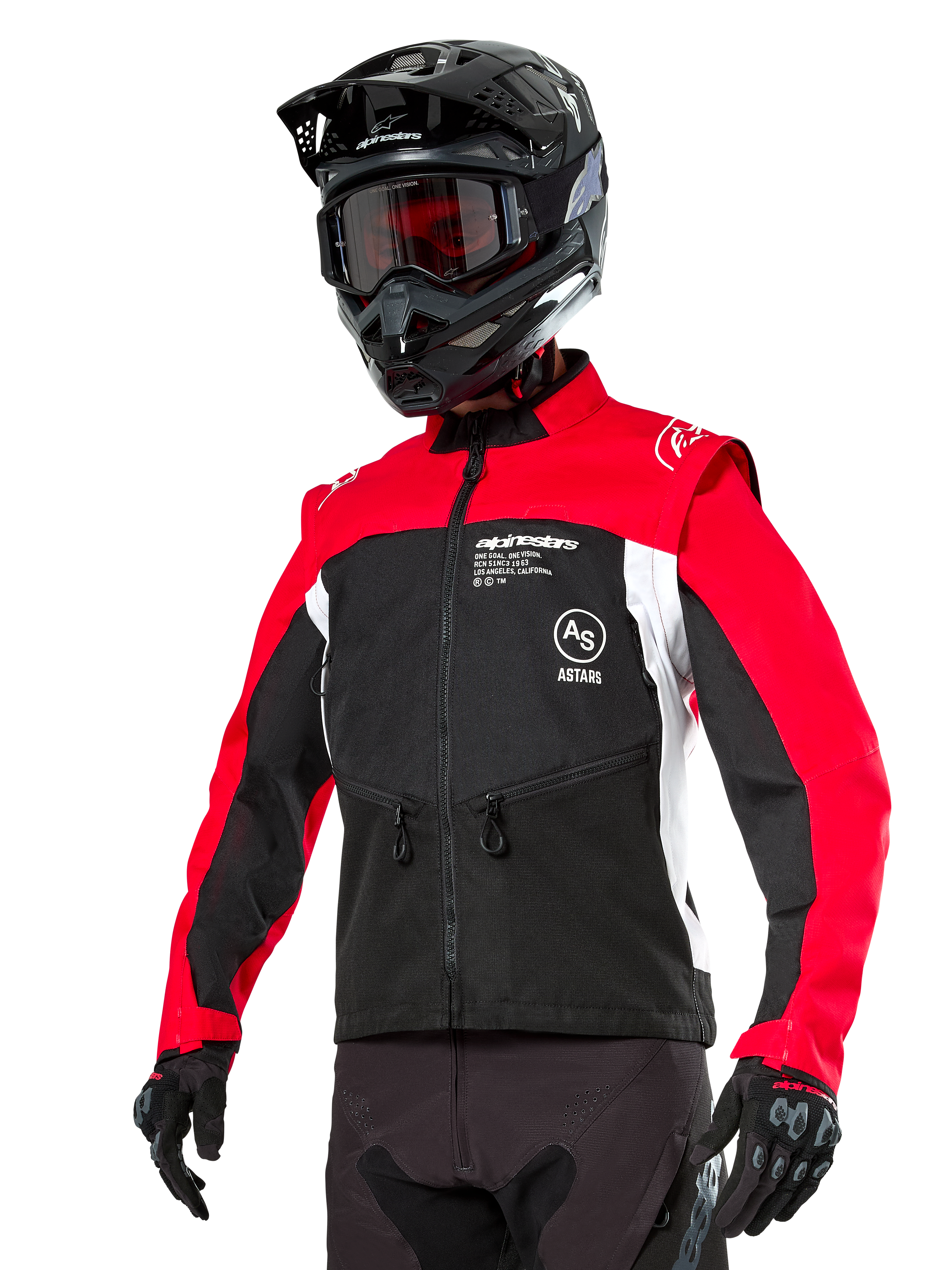Alpinestars Pro-Dura jakke, off-road enduro motorcykeljakke, sort med klar rød og hvid farveblokering, båret af en kører med sort hjelm og goggles, med lynlåslommer foran og Alpinestars-branding, slidstærk tekstilkonstruktion til trail-kørsel