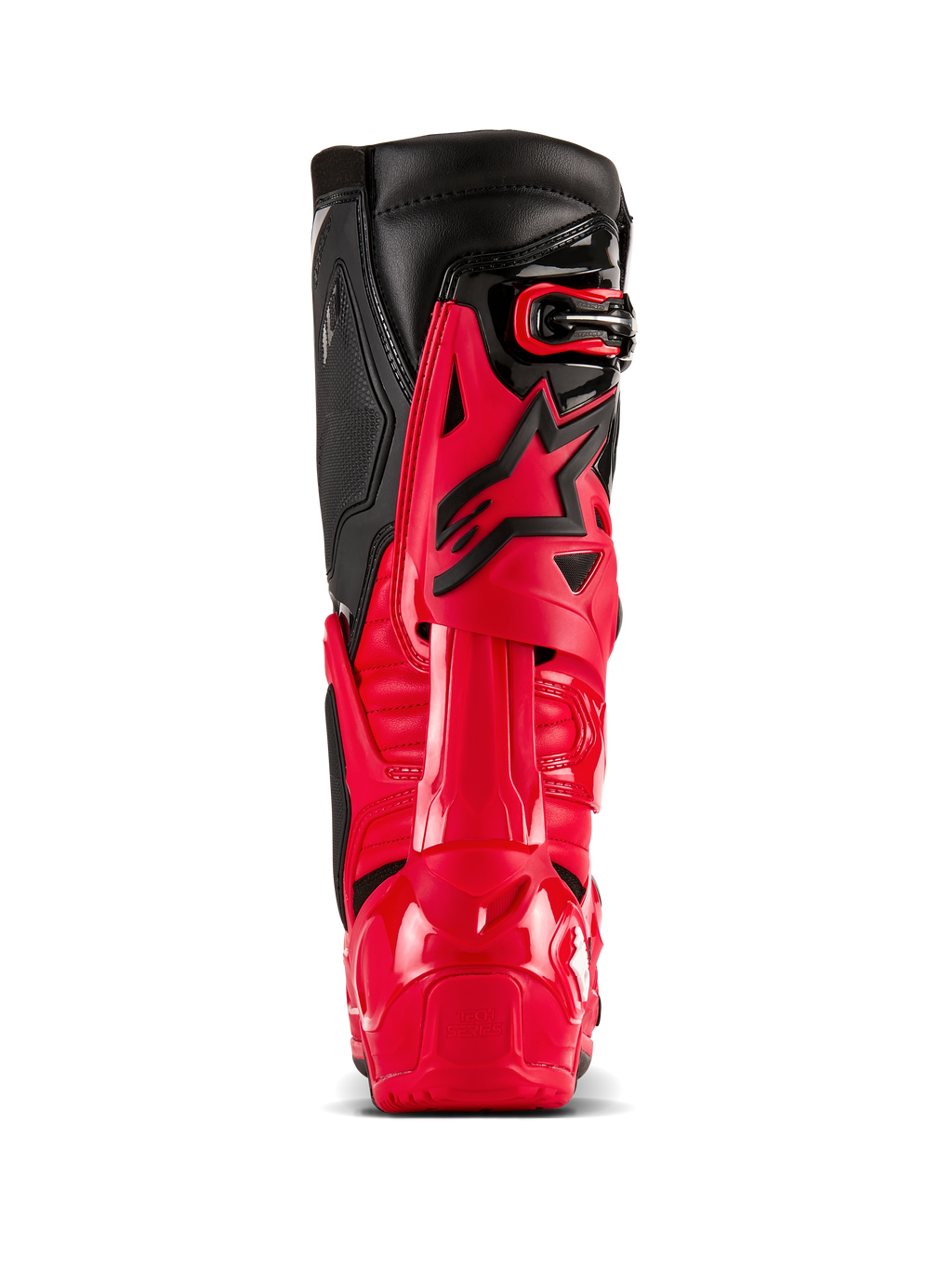 Alpinestars Tech 10 Enduro støvler, klar rød og sort, set bagfra som viser Dynamic Heel Compression Protector og flex-ramme, professionelt off-road motocross-udstyr med en holdbar TPU-skal og øvre paneler i sort læder