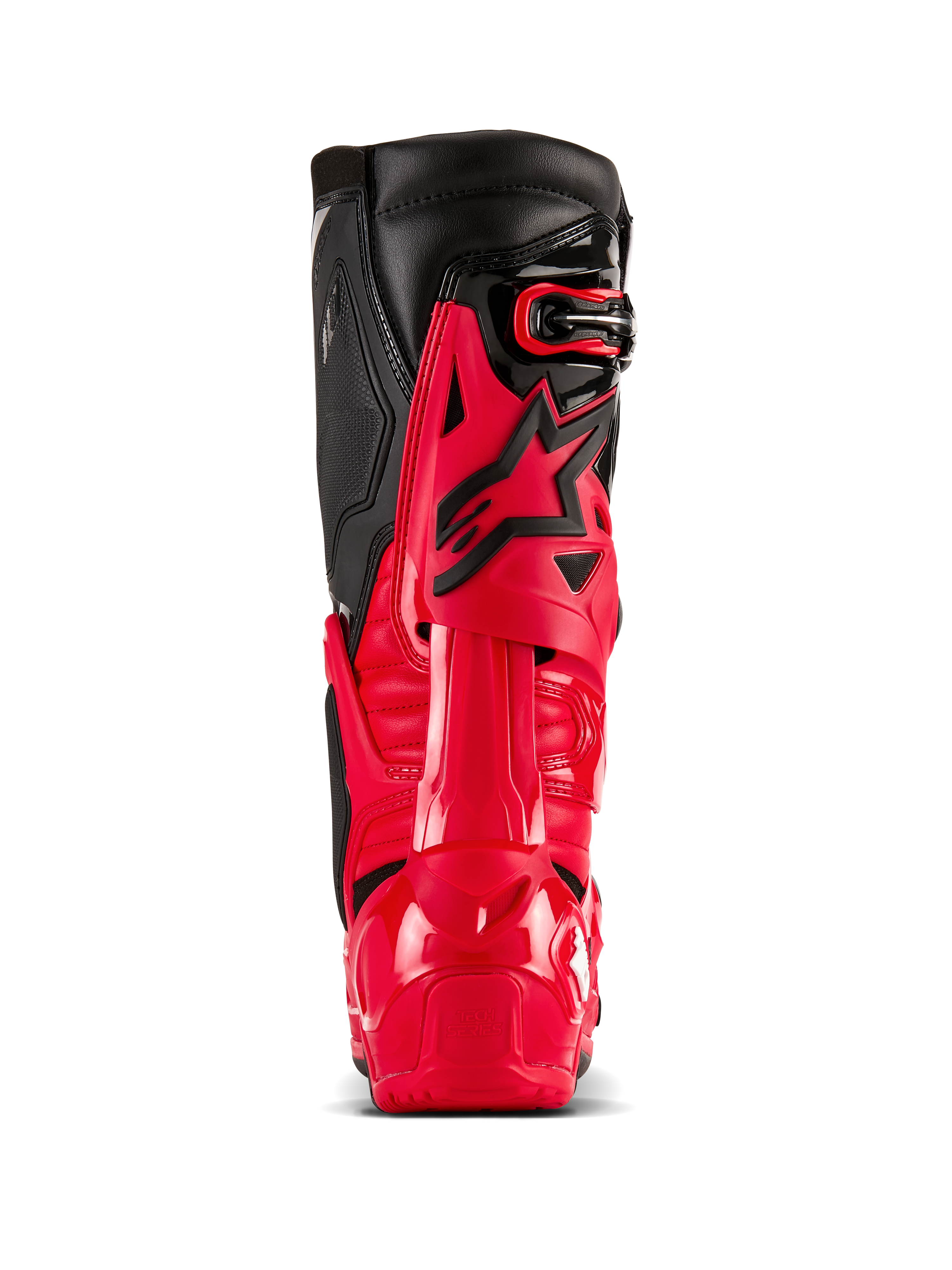 Alpinestars Tech 10 Enduro støvler, klar rød og sort, set bagfra som viser Dynamic Heel Compression Protector og flex-ramme, professionelt off-road motocross-udstyr med en holdbar TPU-skal og øvre paneler i sort læder