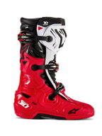 Alpinestars Tech 10 Enduro støvler, motocross terrænkørselsstøvler, klar rød, sort og hvid, sideprofil, tredobbelt spændesystem, robuste beskyttelsespaneler, specialiseret enduro-gribesål, Astars-logo
