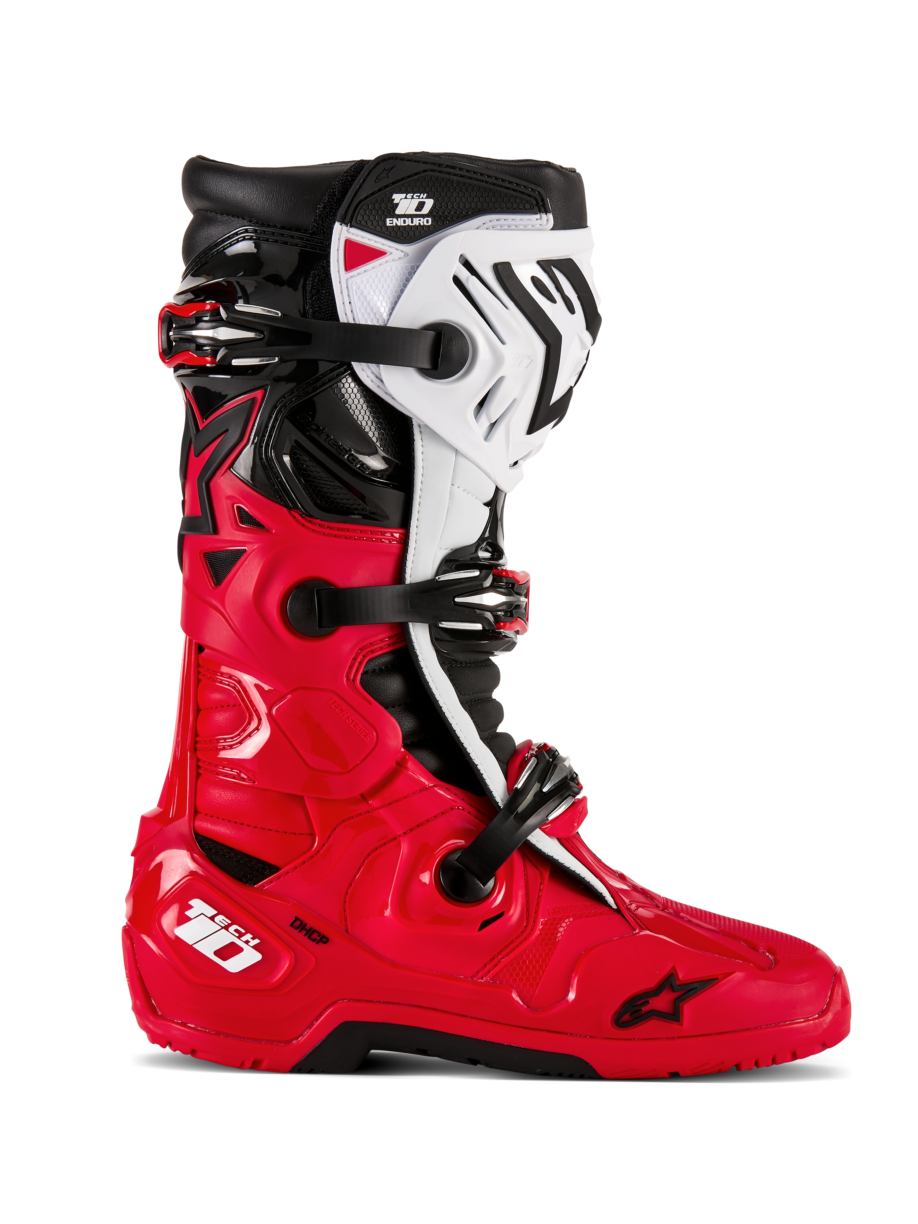 Alpinestars Tech 10 Enduro støvler, motocross terrænkørselsstøvler, klar rød, sort og hvid, sideprofil, tredobbelt spændesystem, robuste beskyttelsespaneler, specialiseret enduro-gribesål, Astars-logo