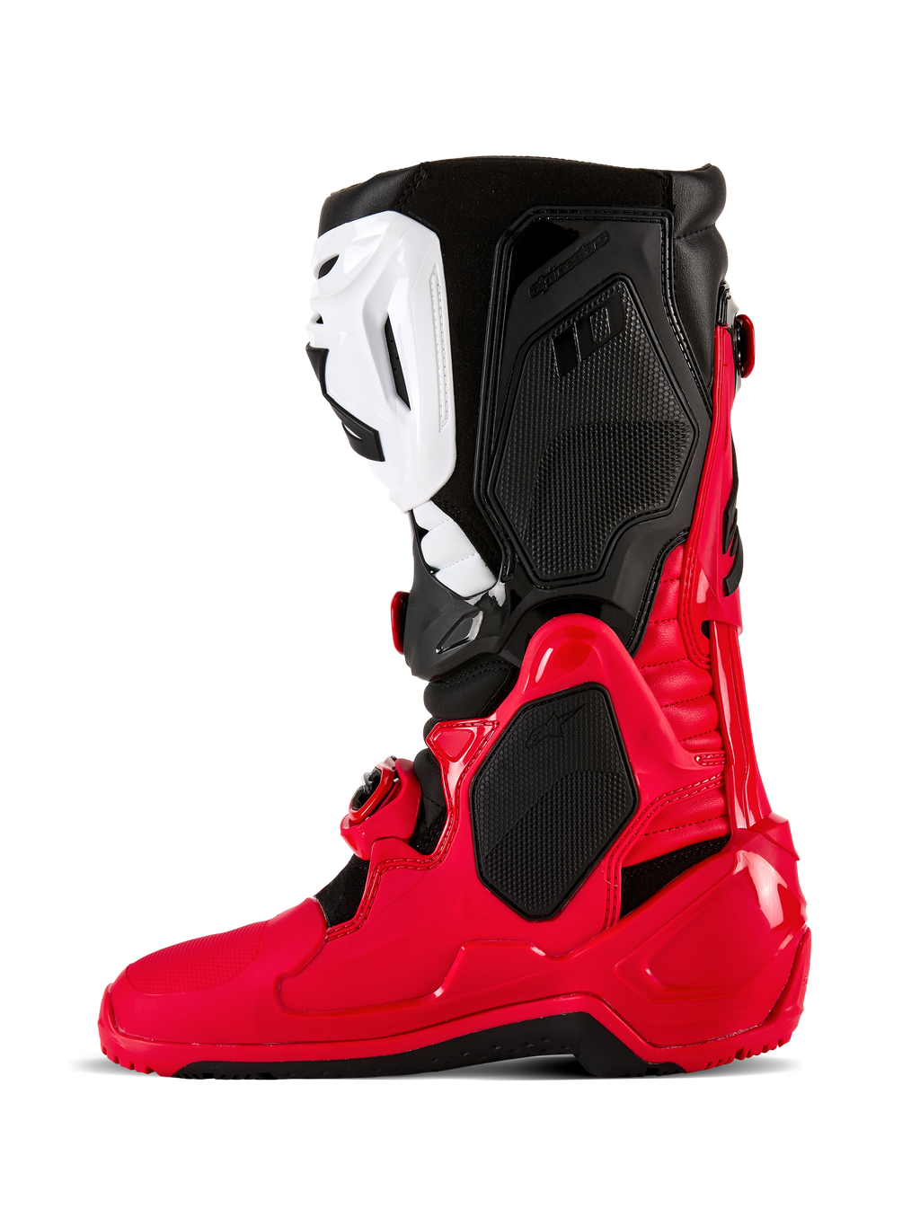 Alpinestars Tech 10 Enduro-støvler, motocross- og endurostøvler, stærk rød, sort og hvid, sideprofil med en holdbar TPU-skal, hvid skinneplade og sorte øvre paneler, designet til off-road-performance.
