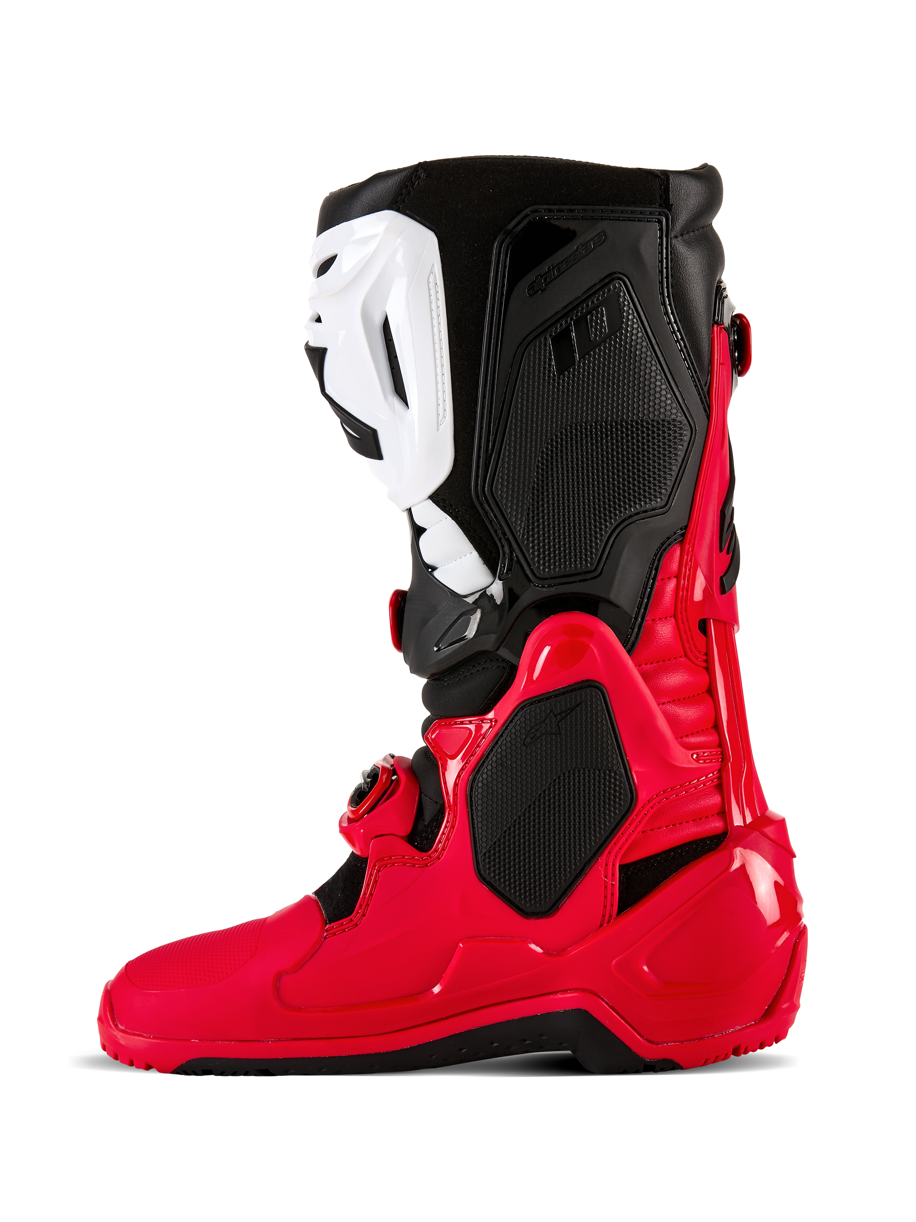 Alpinestars Tech 10 Enduro-støvler, motocross- og endurostøvler, stærk rød, sort og hvid, sideprofil med en holdbar TPU-skal, hvid skinneplade og sorte øvre paneler, designet til off-road-performance.