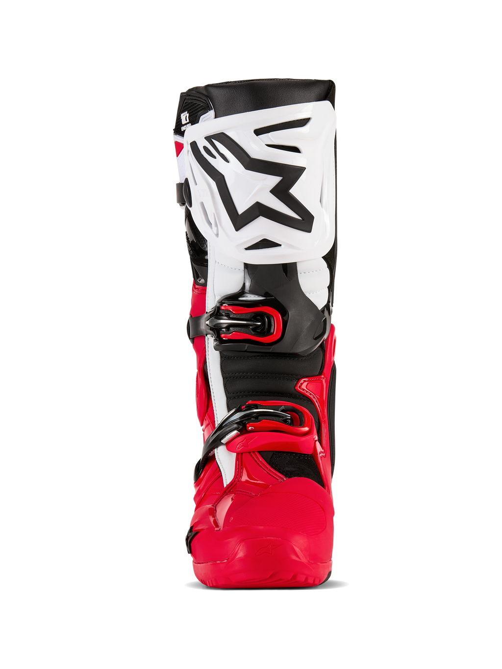 Alpinestars Tech 10 Enduro-støvler, motocross- og endurostøvler, klar rød, sort og hvid, set forfra med en hvid skinnebensplade med et sort Alpinestars-logo, rød nedre skal og et sikkert spændelukkesystem, højtydende beskyttelsesudstyr til off-road kørsel