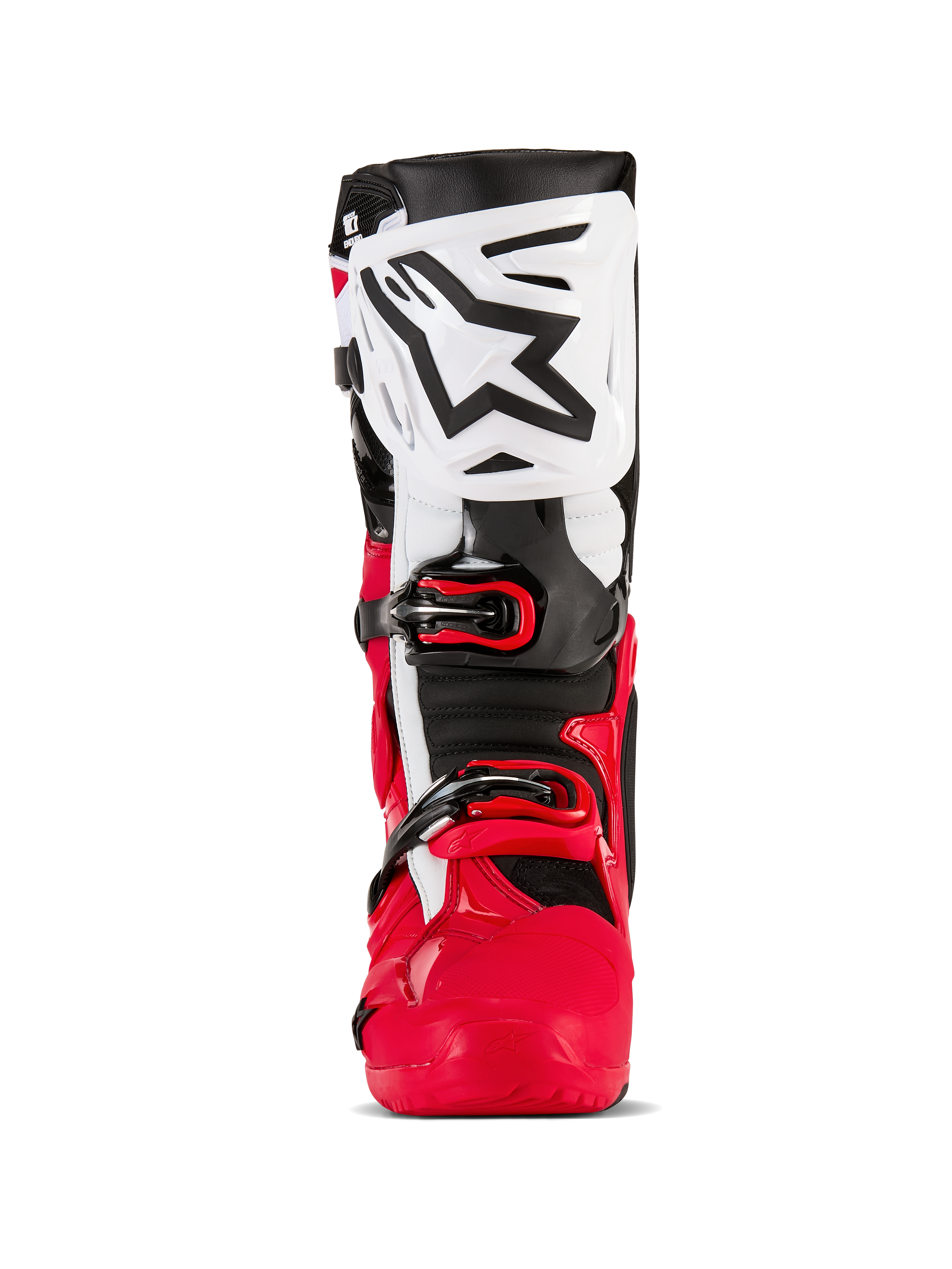 Alpinestars Tech 10 Enduro-støvler, motocross- og endurostøvler, klar rød, sort og hvid, set forfra med en hvid skinnebensplade med et sort Alpinestars-logo, rød nedre skal og et sikkert spændelukkesystem, højtydende beskyttelsesudstyr til off-road kørsel