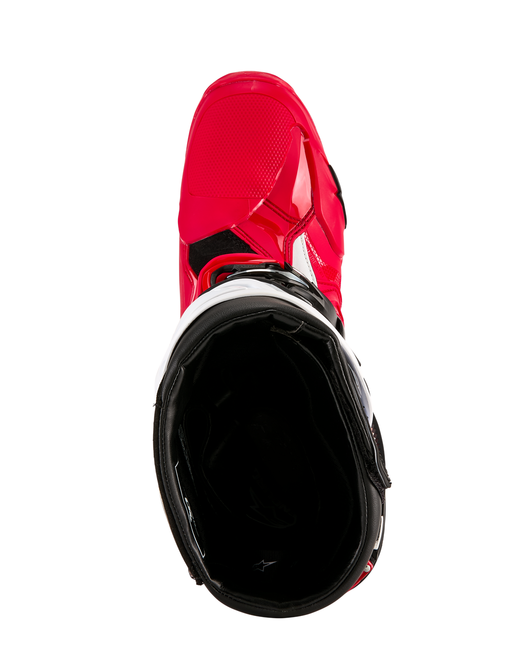 Alpinestars Tech 10 Enduro støvler, motocrossstøvler, klar rød sort hvid, set ovenfra med kig ned i det sorte inderfor, klar rød ydre skal med hvide detaljer, beskyttende off-road racing-fodtøj