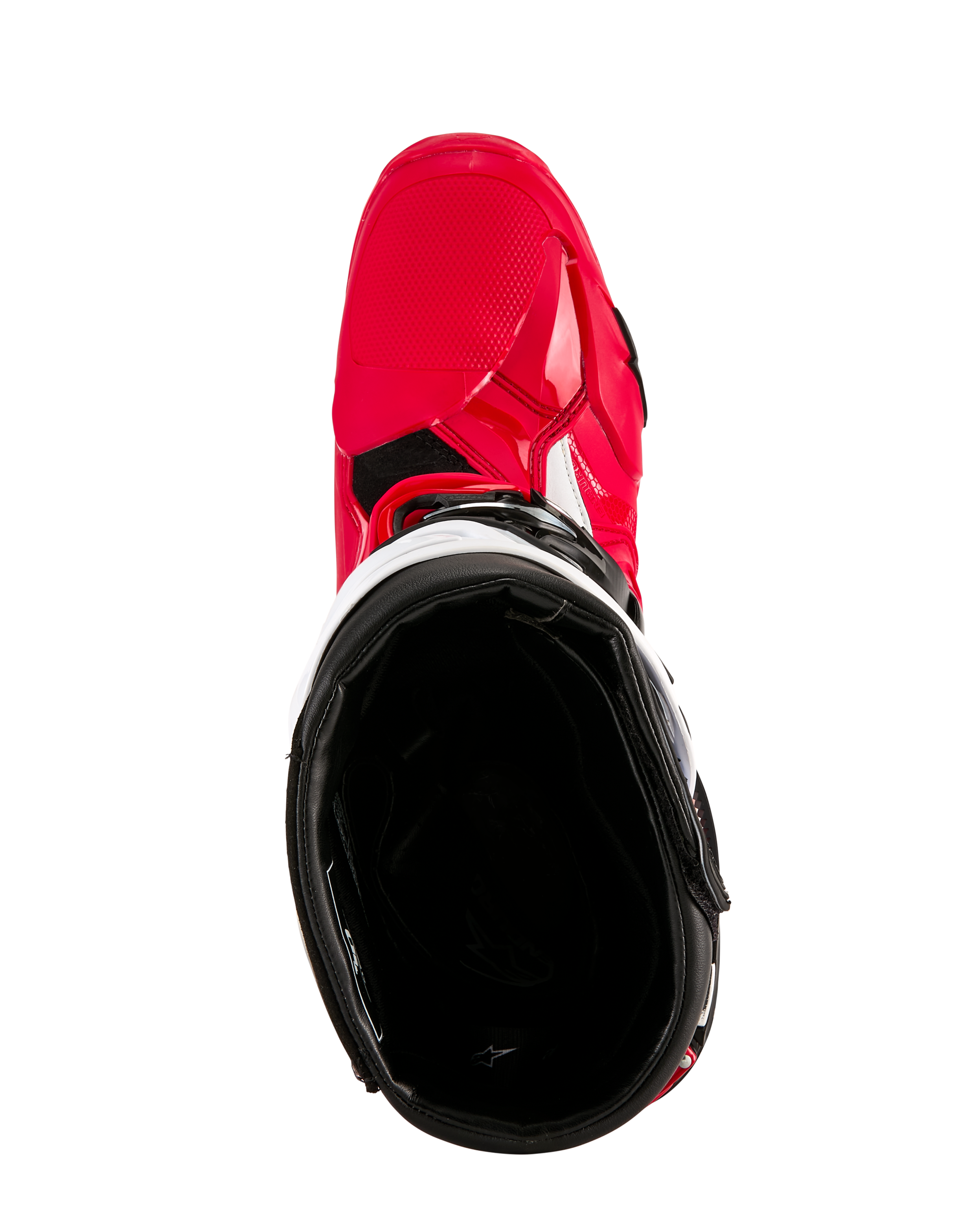 Alpinestars Tech 10 Enduro støvler, motocrossstøvler, klar rød sort hvid, set ovenfra med kig ned i det sorte inderfor, klar rød ydre skal med hvide detaljer, beskyttende off-road racing-fodtøj