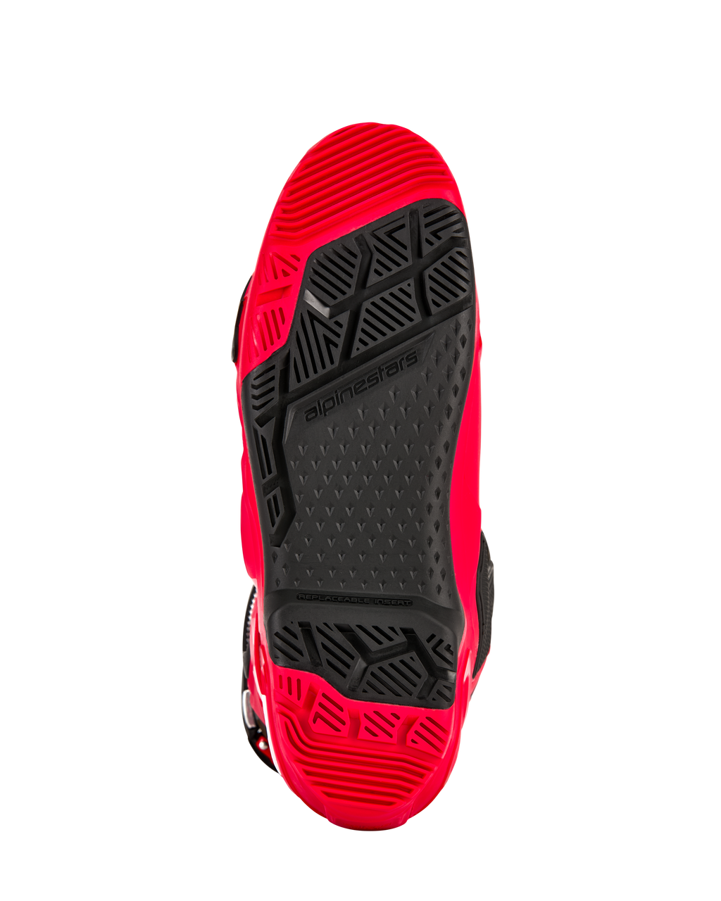 Alpinestars Tech 10 Enduro-støvler, klar rød og sort, set nedefra af den enduro-specifikke dual-compound sål, med et slidmønster med højt greb og en sort udskiftelig midterindsats.