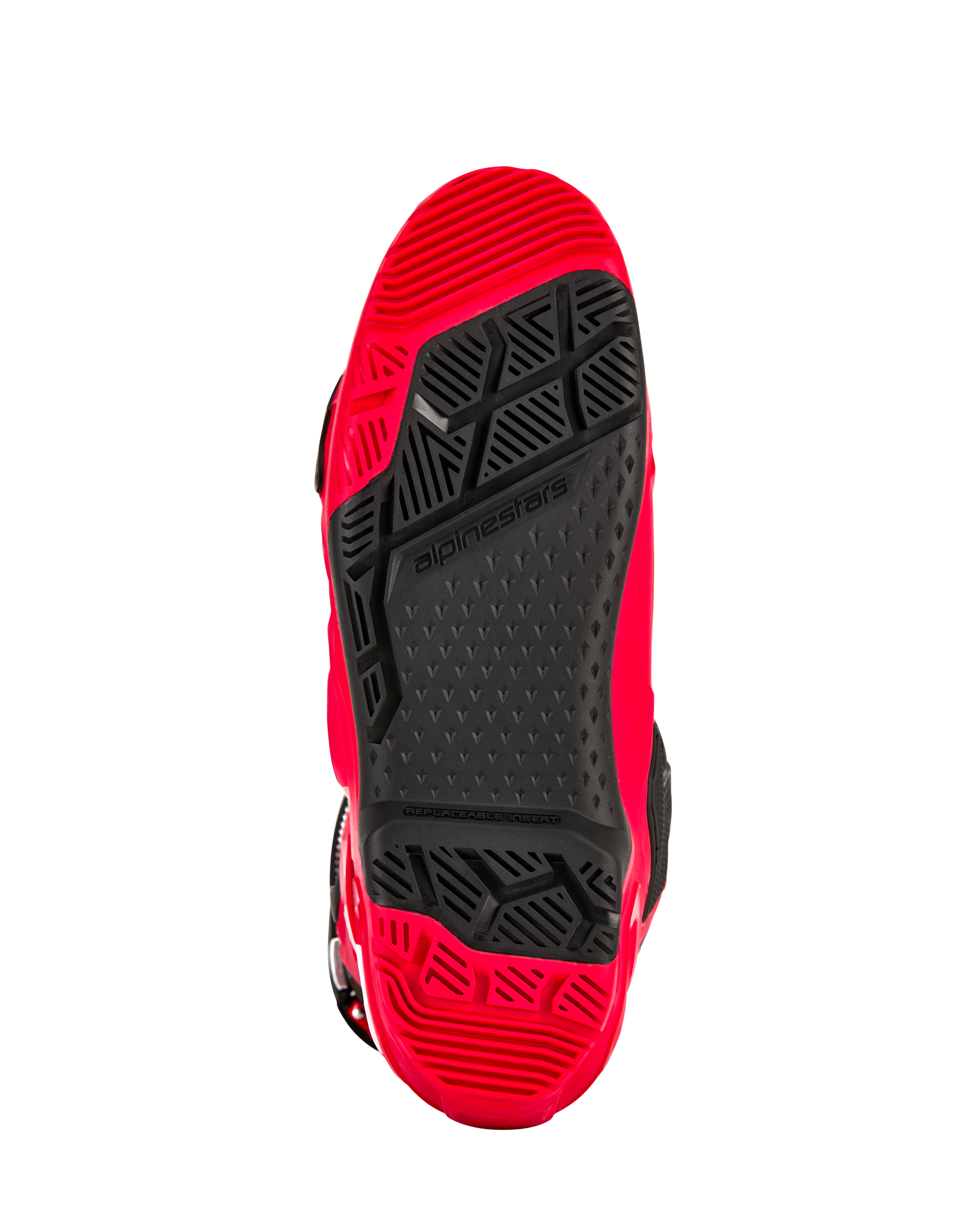 Alpinestars Tech 10 Enduro-støvler, klar rød og sort, set nedefra af den enduro-specifikke dual-compound sål, med et slidmønster med højt greb og en sort udskiftelig midterindsats.