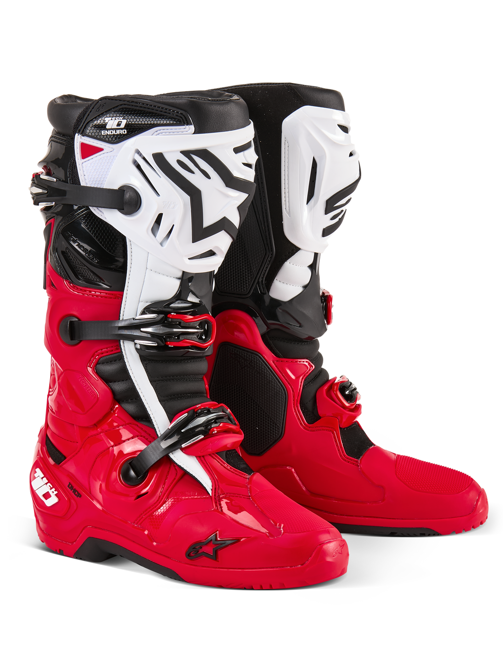 Alpinestars Tech 10 Enduro-støvler, motocross- og endurostøvler, klar rød, sort og hvid, hvide skinnebensplader med sort Astars-logo, sorte spænder og stropper, holdbart design til terrænkørsel