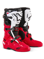 Alpinestars Tech 10 Enduro-støvler, motocross- og endurostøvler, klar rød, sort og hvid, hvide skinnebensplader med sort Astars-logo, sorte spænder og stropper, holdbart design til terrænkørsel