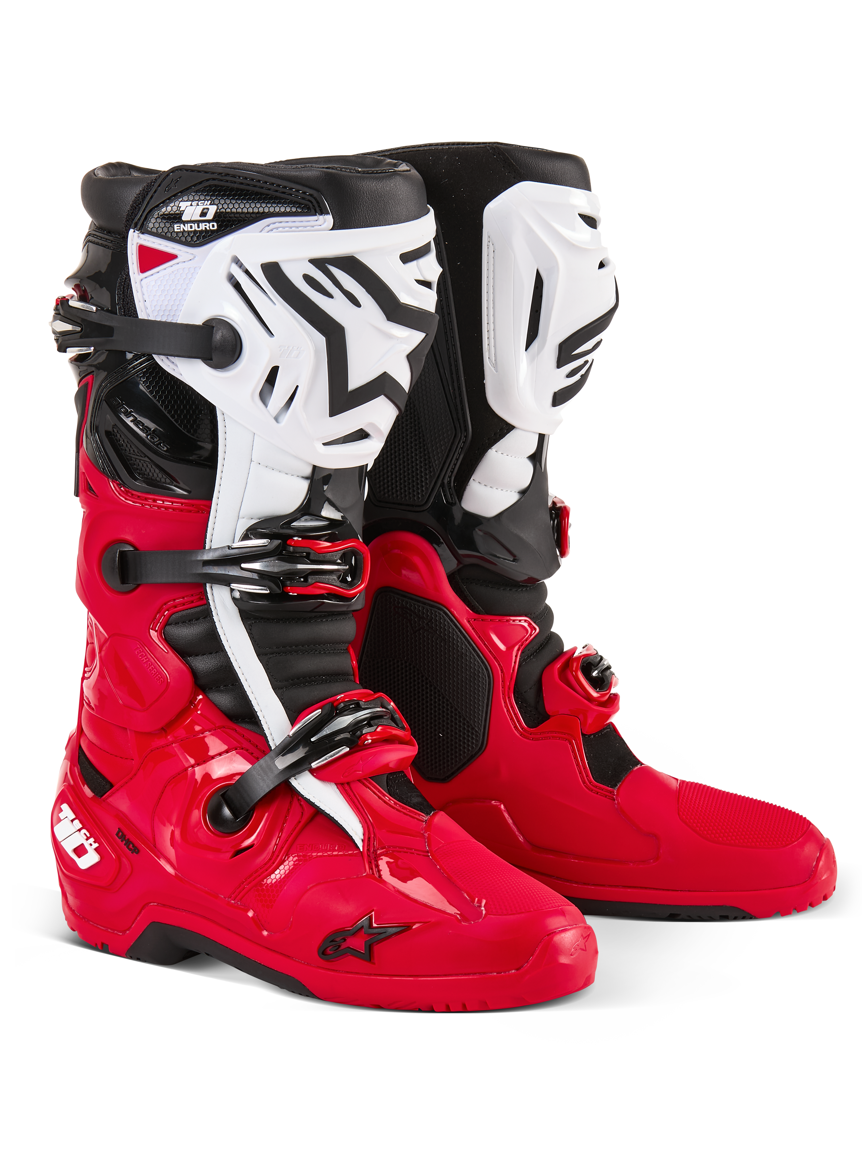 Alpinestars Tech 10 Enduro-støvler, motocross- og endurostøvler, klar rød, sort og hvid, hvide skinnebensplader med sort Astars-logo, sorte spænder og stropper, holdbart design til terrænkørsel