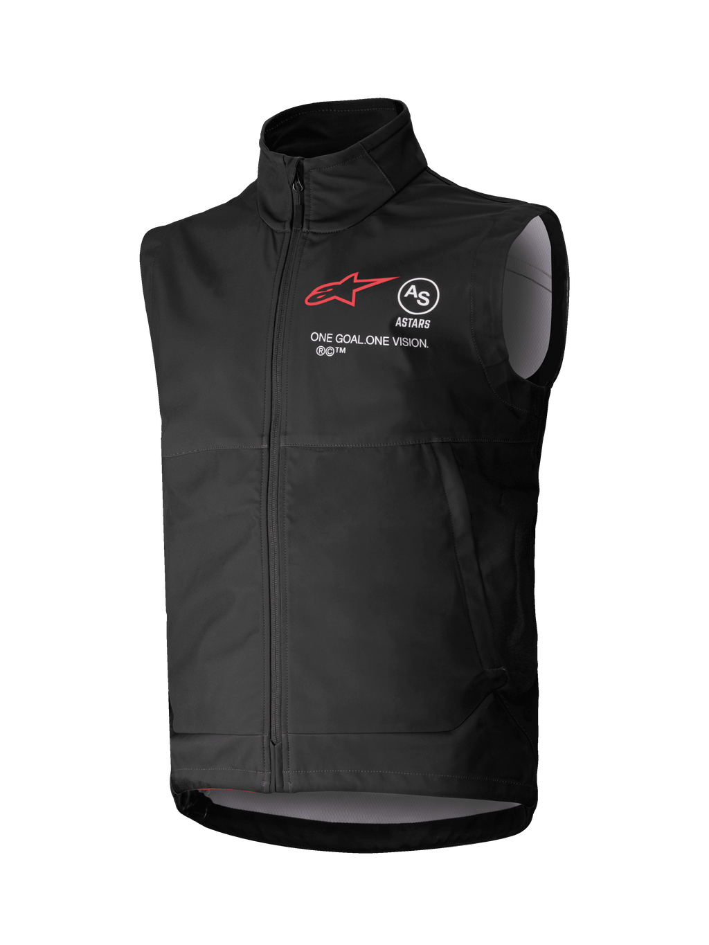 Alpinestars Techstar Softshell Vest, sort ærmeløs motocross-vest, høj krave med lynlås foran, brystbranding med rødt stjerne-logo, "ASTARS" og "ONE GOAL. ONE VISION.", let vindtæt softshell-materiale med lysegråt inderfor, designet til terrænkørsel