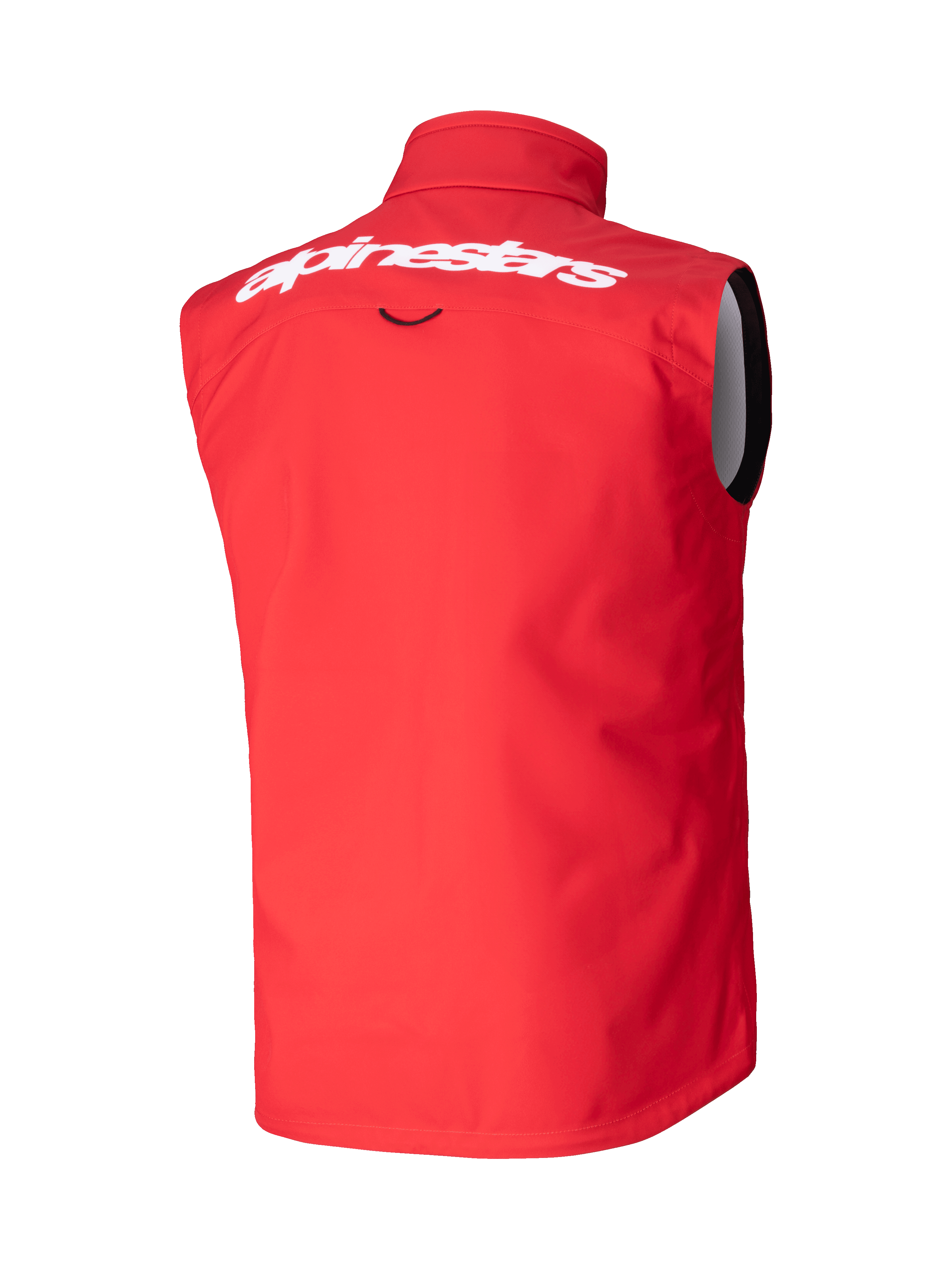 Alpinestars Techstar Softshell Vest, motocross-vest, lys rød, set bagfra med hvidt Alpinestars-ordmærke på den øverste del af ryggen, vindtæt strækbart softshell-materiale, ergonomisk ærmeløst design til off-road kørsel