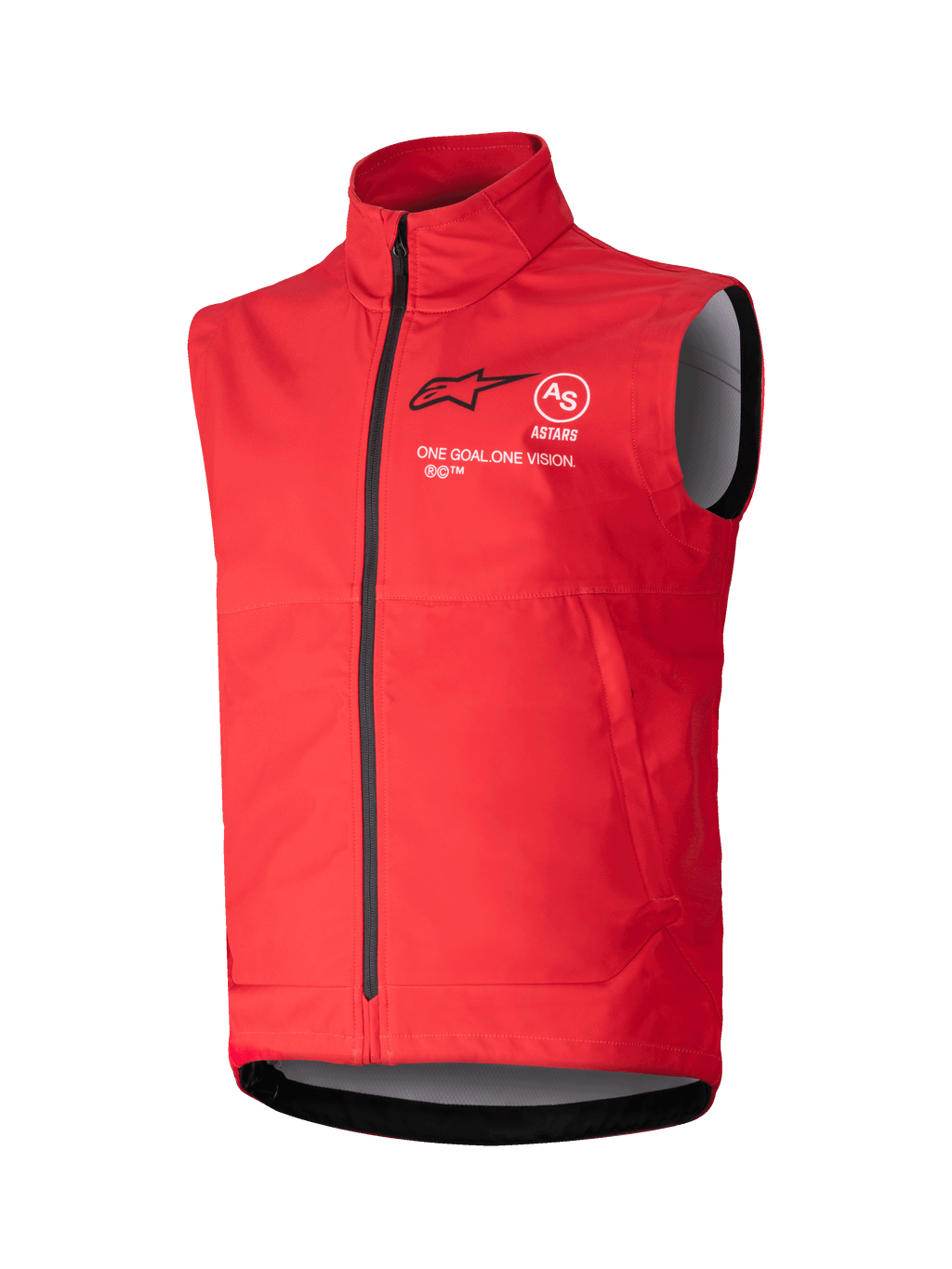 Alpinestars Techstar Softshell Vest, lys rød ærmeløs vindtæt vest, høj krave med sort lynlås foran, hvid og sort ASTARS-branding med 'ONE GOAL ONE VISION'-motto på brystet, gråt indvendigt for, sportsligt design til motocross