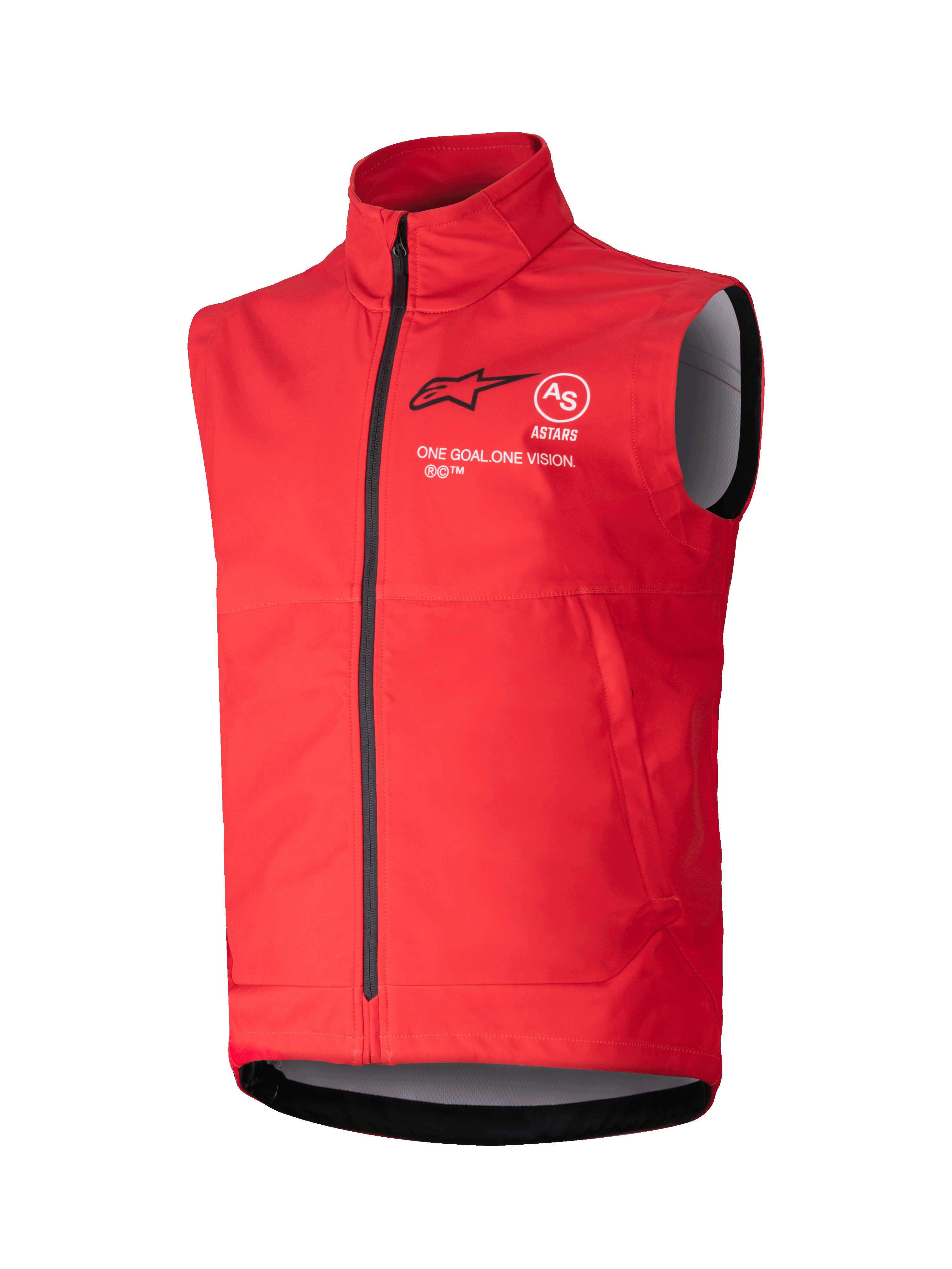 Alpinestars Techstar Softshell Vest, Bright Red sleeveless windproof vest, high collar with black front zipper, white and black ASTARS branding with 'ONE GOAL ONE VISION' motto on chest, gray interior lining, sporty design for motocross