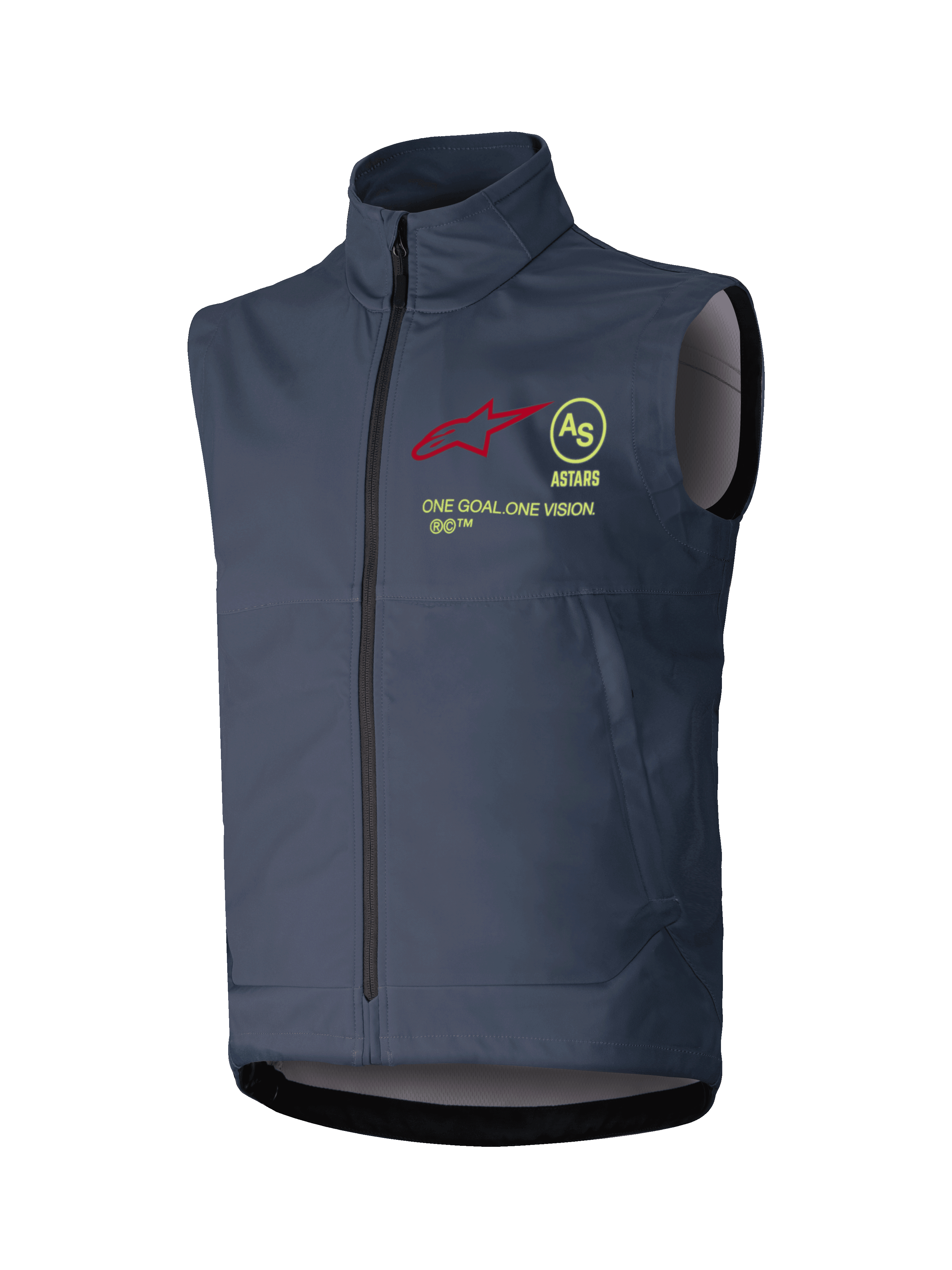 Alpinestars Techstar Softshell Vest, Motocross Sleeveless Vest, Dark Gray, high collar with full-length front zipper, featuring a red star logo, yellow circular AS emblem, ASTARS text, and ONE GOAL ONE VISION slogan on the chest, windproof off-road riding layer.
