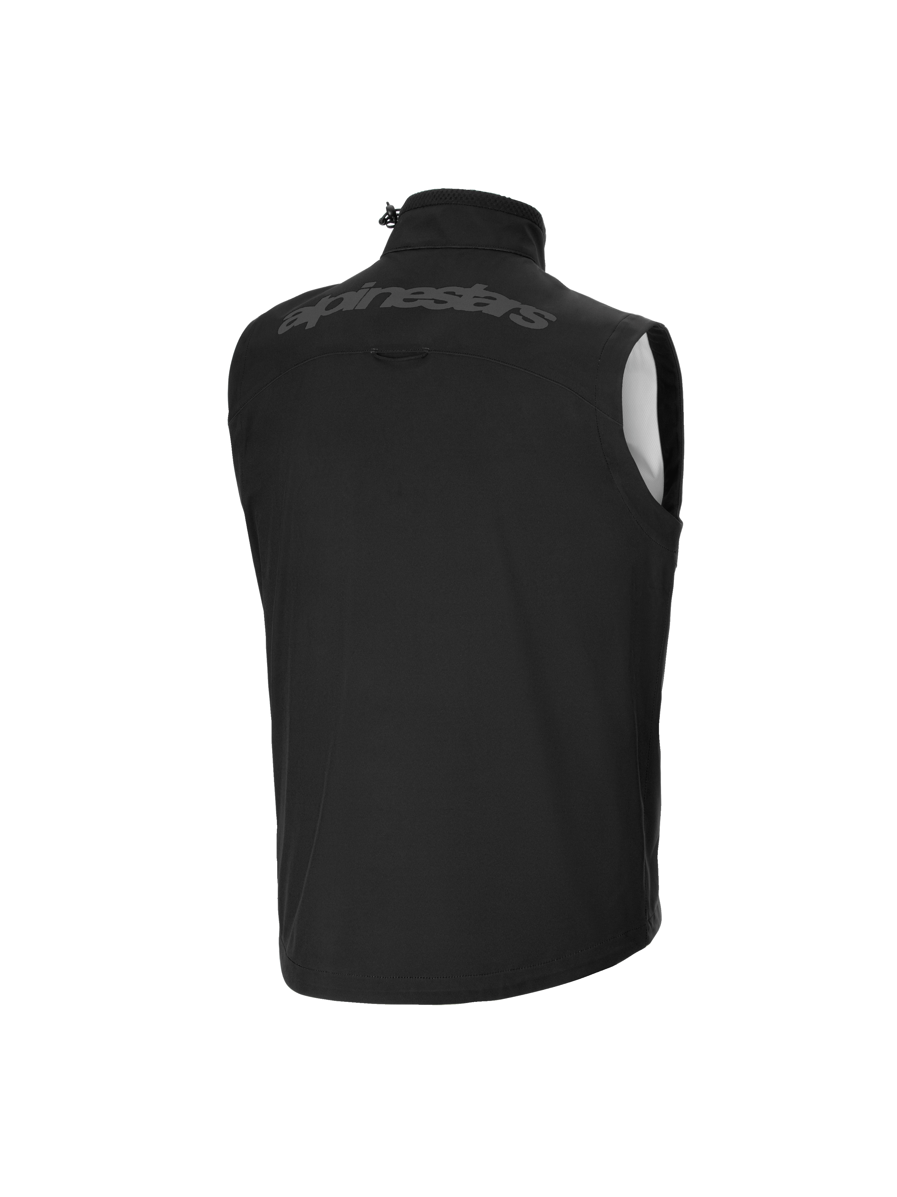 Alpinestars Youth Techstar Softshell Vest, motocross-vest, sort, set bagfra, med tonalt Alpinestars-ordmærke på den øvre ryg, høj krave med justerbar elastiksnor, let vindtæt softshell-materiale.