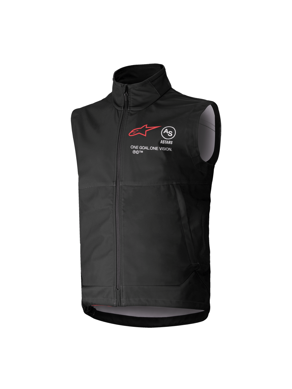 Alpinestars Youth Techstar Softshell Vest, sort ærmeløs motocross-vest med rødt stjerne-logo, høj krave, lynlås foran, "ONE GOAL. ONE VISION." branding, lysegråt indvendigt for, motorsportstøj til unge