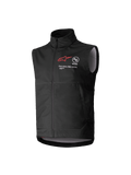 Alpinestars Youth Techstar Softshell Vest, sort ærmeløs motocross-vest med rødt stjerne-logo, høj krave, lynlås foran, "ONE GOAL. ONE VISION." branding, lysegråt indvendigt for, motorsportstøj til unge